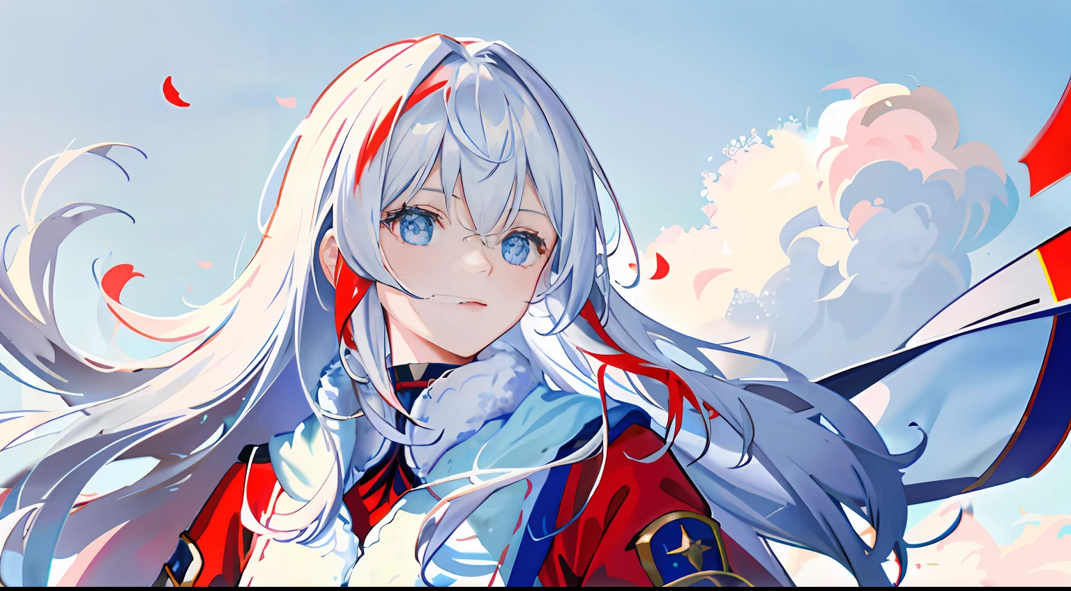 1girll, flag of Russia,Siberian winter clothes,Red, Blue, White clothing,long white hair,Blue eyes,Domineering,Look up