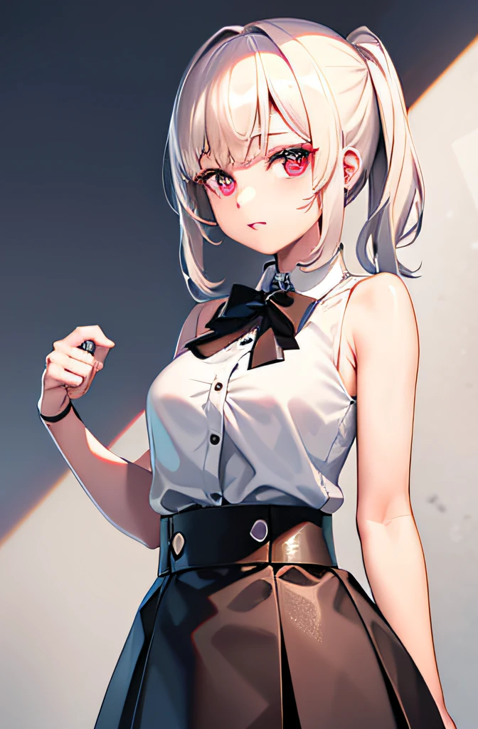 best quality, ultra high res, 1girl, sleeveless white button shirt, black skirt, black choker, cute, (Kpop idol), (aegyo sal:1), (platinum blonde hair:1), ((puffy eyes)), looking at viewer, full body, facing front