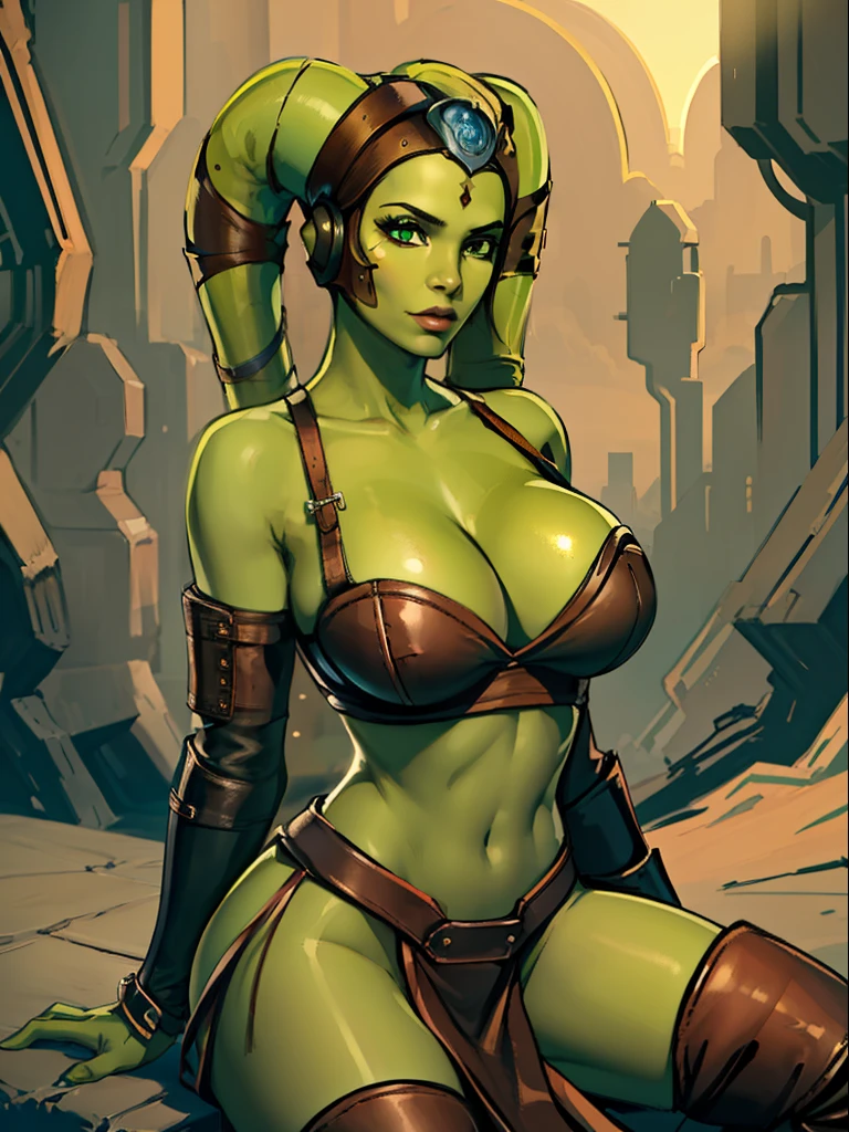 (best quality, masterpiece, highly detailed), 1girl, (green skin), sexy Twi'lek, large breasts, cleavage, Jedi, dark brown leather, pelvic curtain, loincloth, crop top, long sleeves, skirts, dark brown shorts, long boots, brown leather, buckles, straps, Star Wars, lekku markings