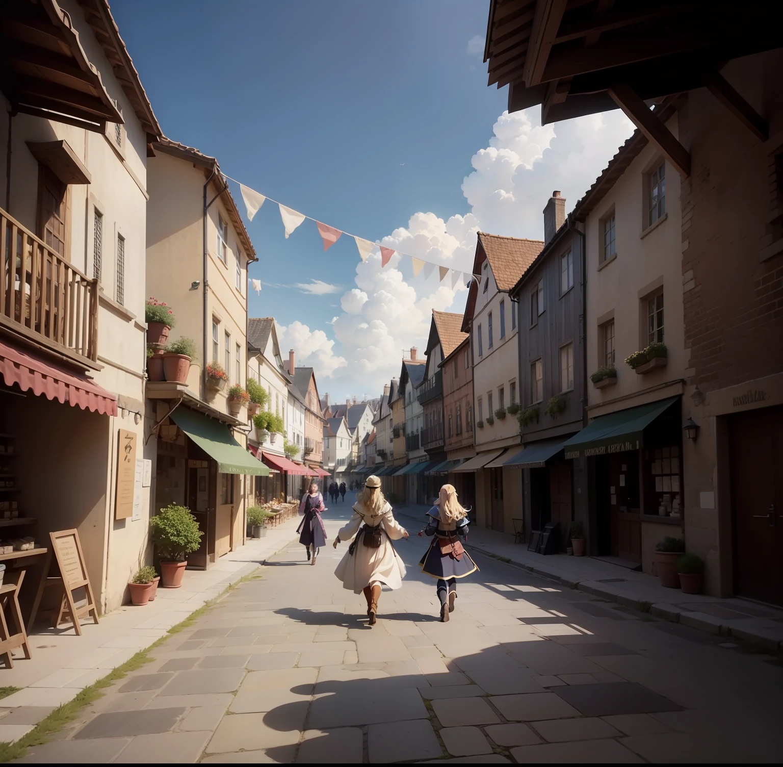 anime screenshot　Fine line art 2020s anime　Old Towns of Medieval Europe　Ocean wind　Medieval European house made of brick Old crumbling cobblestones　　Lively party　Anime of the 2020s　Anime Knight in Armor　Screenshot　　　omatsuri　Parti　carnival　busy　noisy　a person々　store clerk　Marche