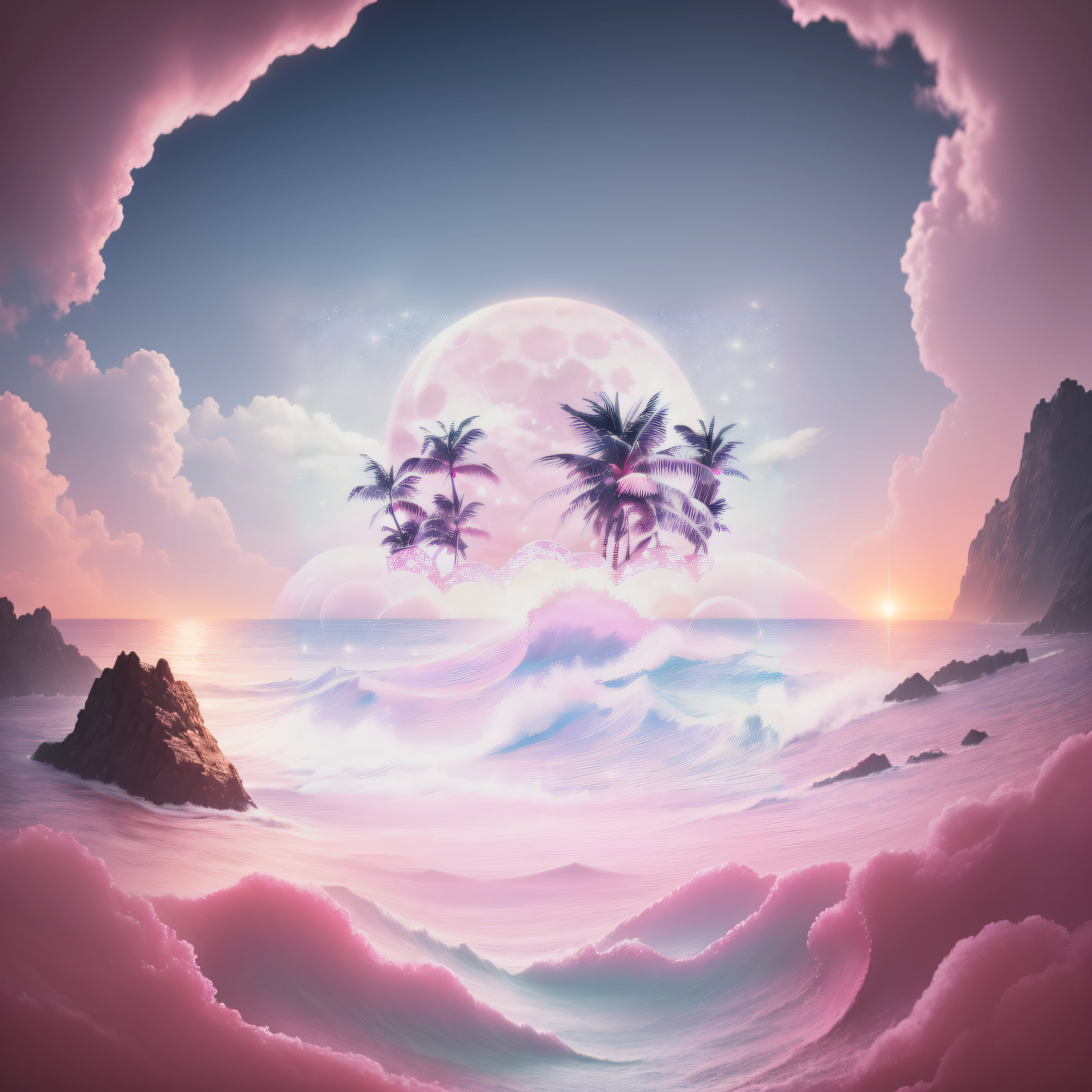 Pink moon, pink sky, soft pink clouds, pink ocean waves sparkling, sparkling, pink roses on pink ocean, fantasy, diamond, crown, universe, soft lights,