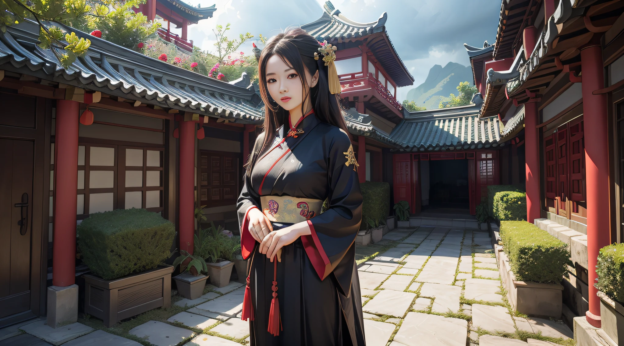 Quaint courtyard, Chinese style, heroic girl, Hanfu, picking flowers
Big breasts, light rain, dark clouds, rain