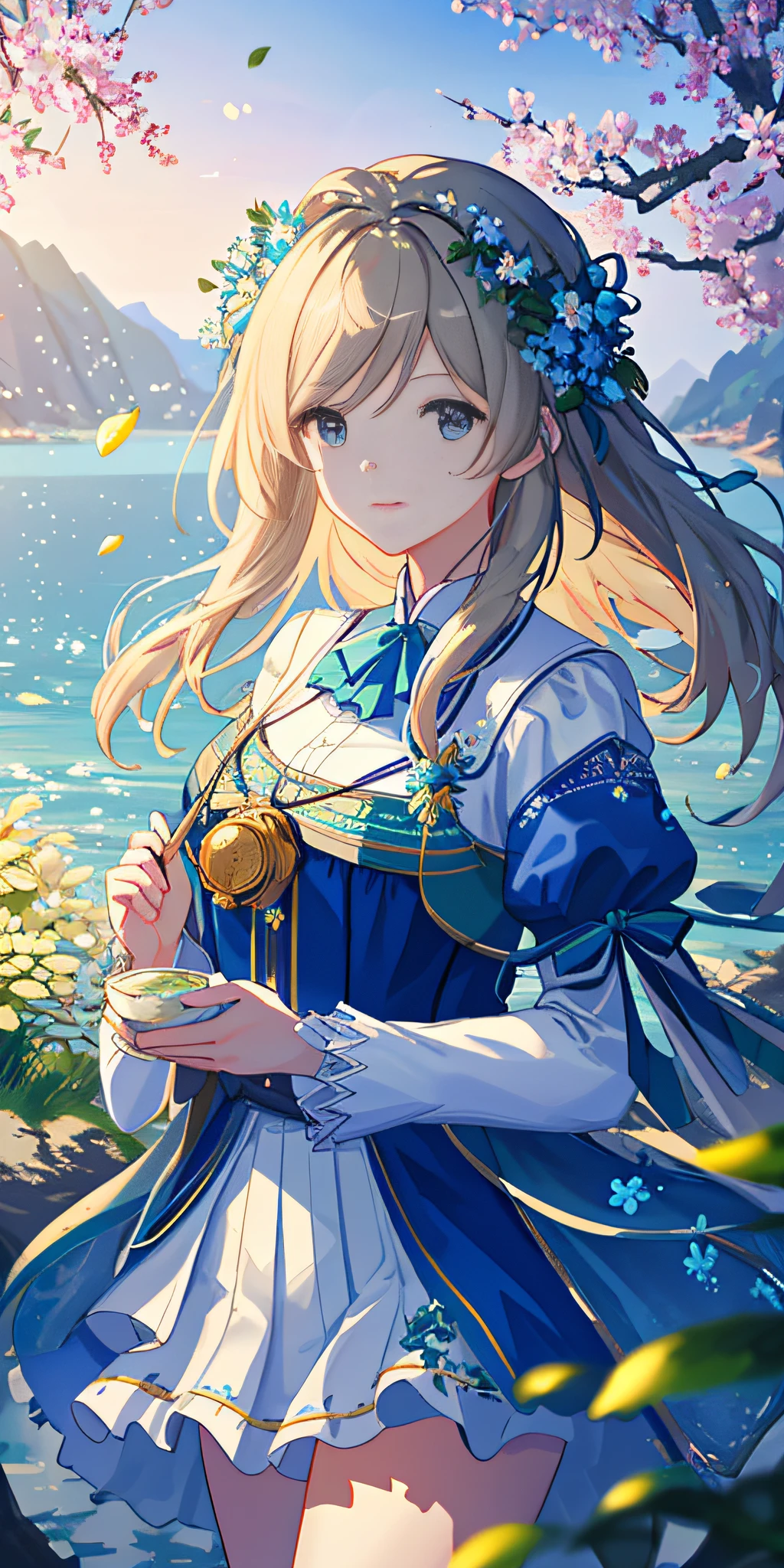Masterpiece, best quality, (very detailed CG unity 8k wallpaper) (best quality), (best illustration), (best shadows) Nature', blue sea,delicate leaves petals of various colors falling in the air light Tracking, super detailed --v6