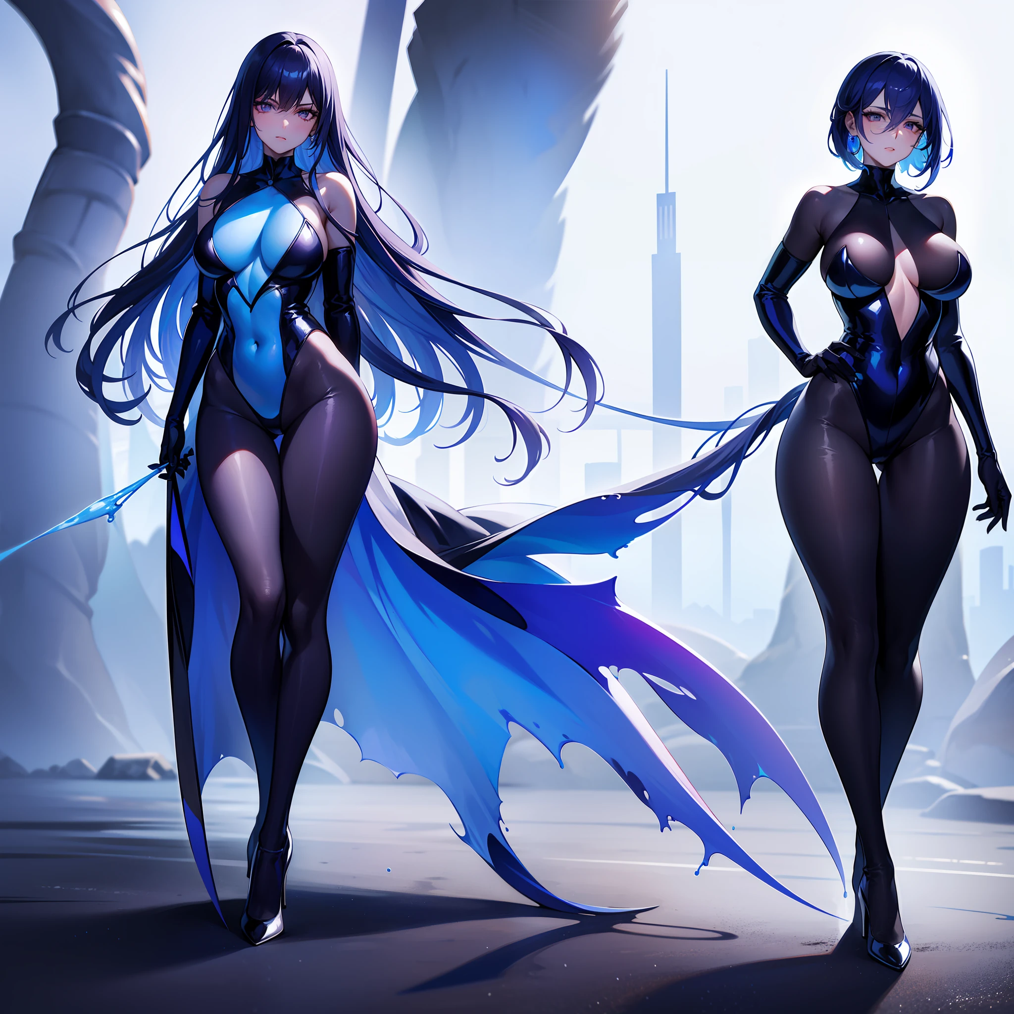 The whole body is covered with blue liquid,exposing her chest,Blue liquid,Beautuful Women,high-heels,blacksilk,Purple eye,are standing,Raised sexy,Cocked buttocks,Long-legged beauty,Thin leg,Mucus gets into the butt