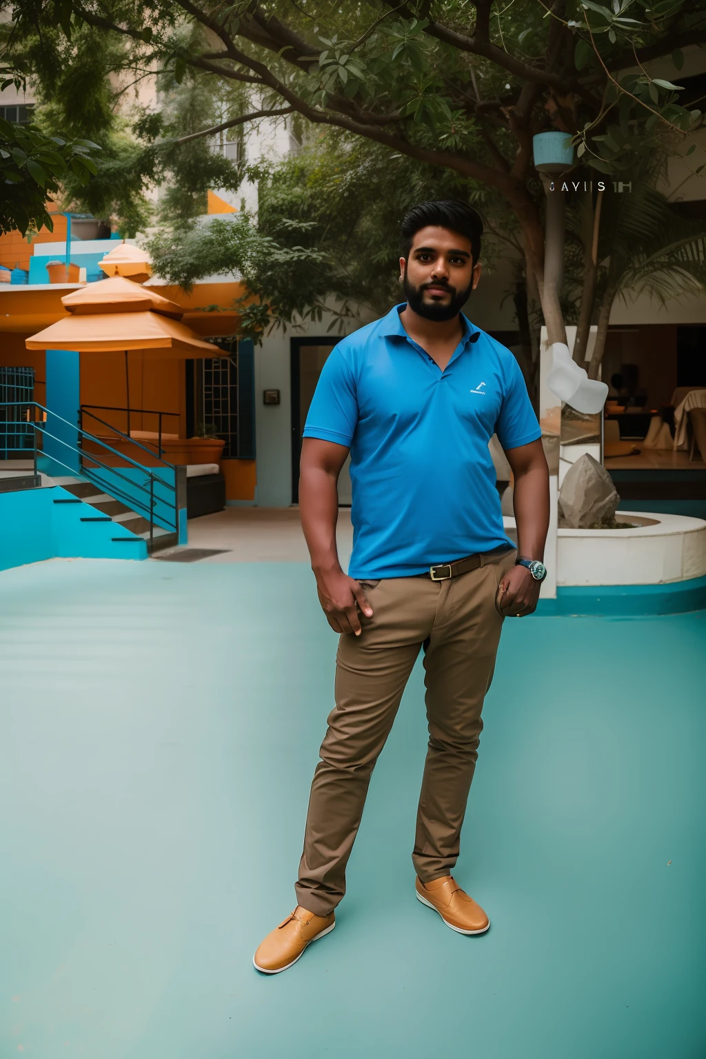 there is a man standing in a courtyard with a blue shirt, full body photgraph, full body photogenic shot, photo taken with canon 5d, photo taken with sony a7r camera, photo taken with sony a7r, casual photography, shot on sony a 7, shot on nikon z9, jayison devadas style, standing in a city center