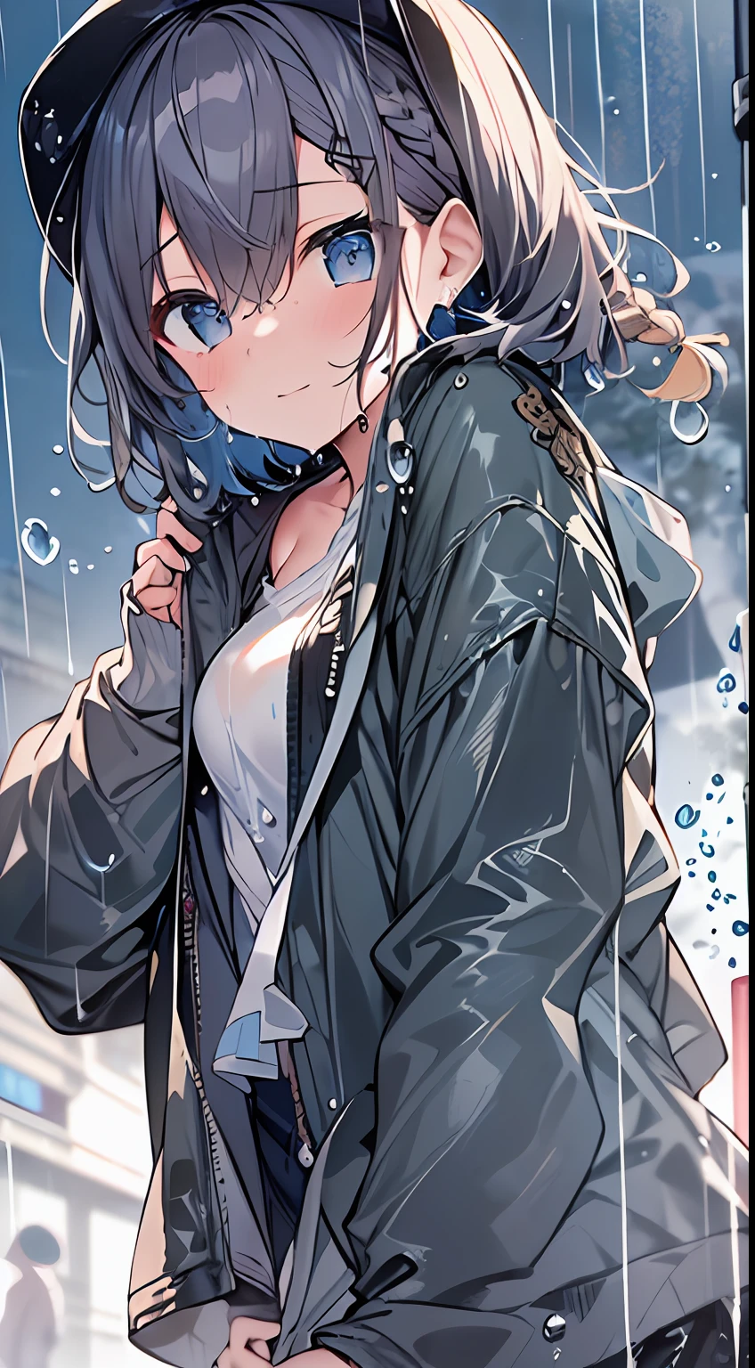 masutepiece, Best Quality,Illustration, Wallpaper, Ultra Detail, absurderes, 1girl in, Solo, (Medium short hair、short braided hair), Beautiful detailed eyes, rainfall、water dripping、wetting hair , Wet clothes, (Street:1.3), Cloudy sky、kirakira