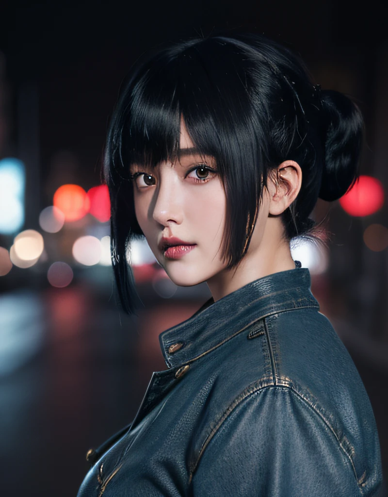 (masterpiece), ((high details)), (high detail face), intricate detail, depth of field, backlighting, award winning, high quality, best quality, 8k, Motoko Kusanagi, (inverted bob hair:1.3), short dark blue hair, ponytail, cyberpunk jacket, black short denim, outside, street, Tokyo, night, standing, looking at the viewer