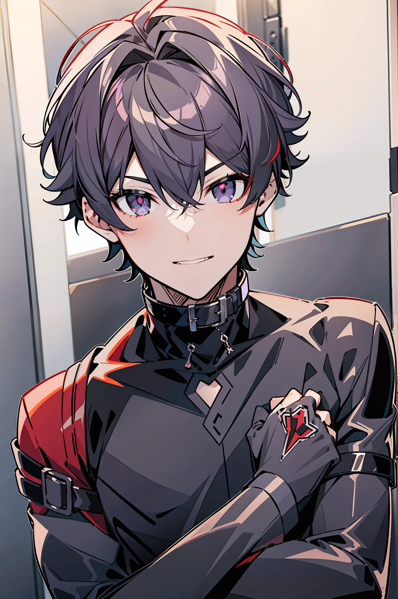 1boy，Libido boy，Red-black eyes，Lower your left hand，black color hair，unholy，black colored leggings，Purple stripes，musculature，sneering，The background is gray-black，Grey，The lighting is dim，Place your right hand in a fist on your left chest，With a collar around the neck，Libido boy，shoun，White color hair，A strand of red hair，Red-black eyes, Purple-black tights，ssmile，musculature，There is a black collar around the neck，Protruding underparts，unholy，depraved，Purple-black leggings，The upper part of the body，Place your right hand in front of your left hand，white colors