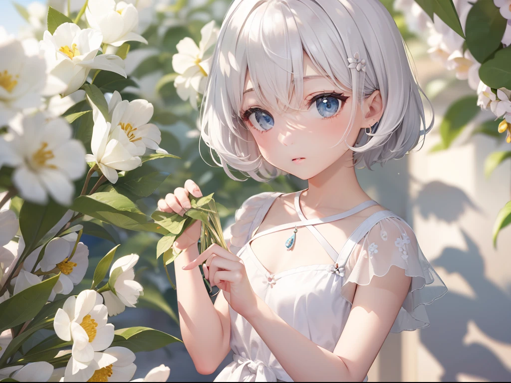 Best quality, tmasterpiece, 5 years old girl, Short white hair, eBlue eyes, Banquet hall, Expression of grievance, Wear a floral dress, Show your upper body, The shadow is long