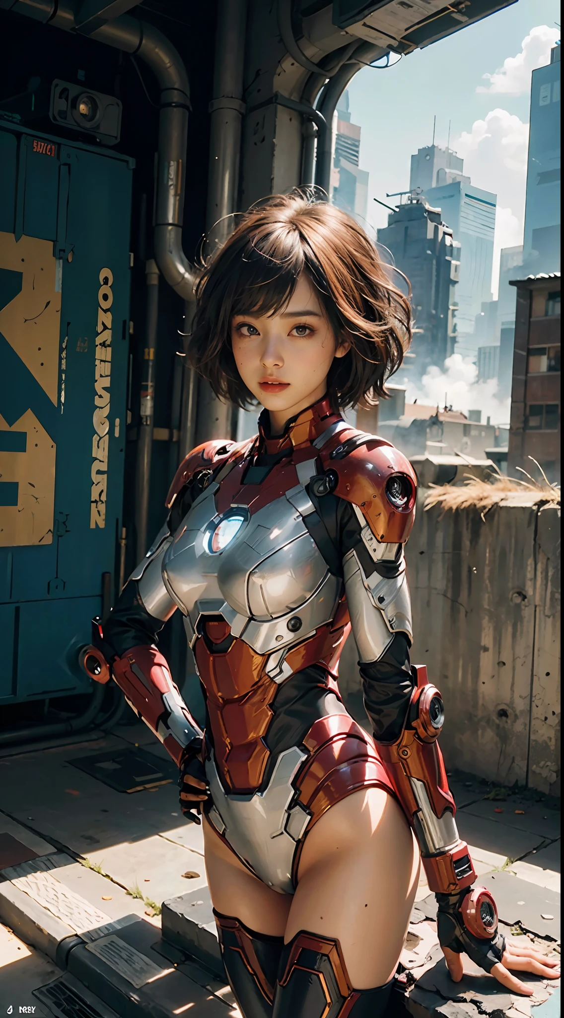 (1girl:1.3), solo,__body-parts__, official art, unity 8k wallpaper, ultra detailed, beautiful and aesthetic, beautiful, masterpiece, best quality, RAW, masterpiece, super fine photo,, best quality, super high Resolution, photorealistic, sunlight, full body portrait, stunningly beautiful,, dynamic pose, delicate face, vibrant eyes, (side view), she is wearing a futuristic Iron Man mech, red and gold, Highly detailed abandoned warehouse background, detailed face, detailed complex busy background, messy, gorgeous, milky, high detailed skin, realistic skin details, visible pores, sharp focus, volumetric fog, 8k uhd, dslr camera, High quality, film grain, fair skin, photorealism, lomography, sprawling metropolis in a futuristic dystopia, view from below, translucent