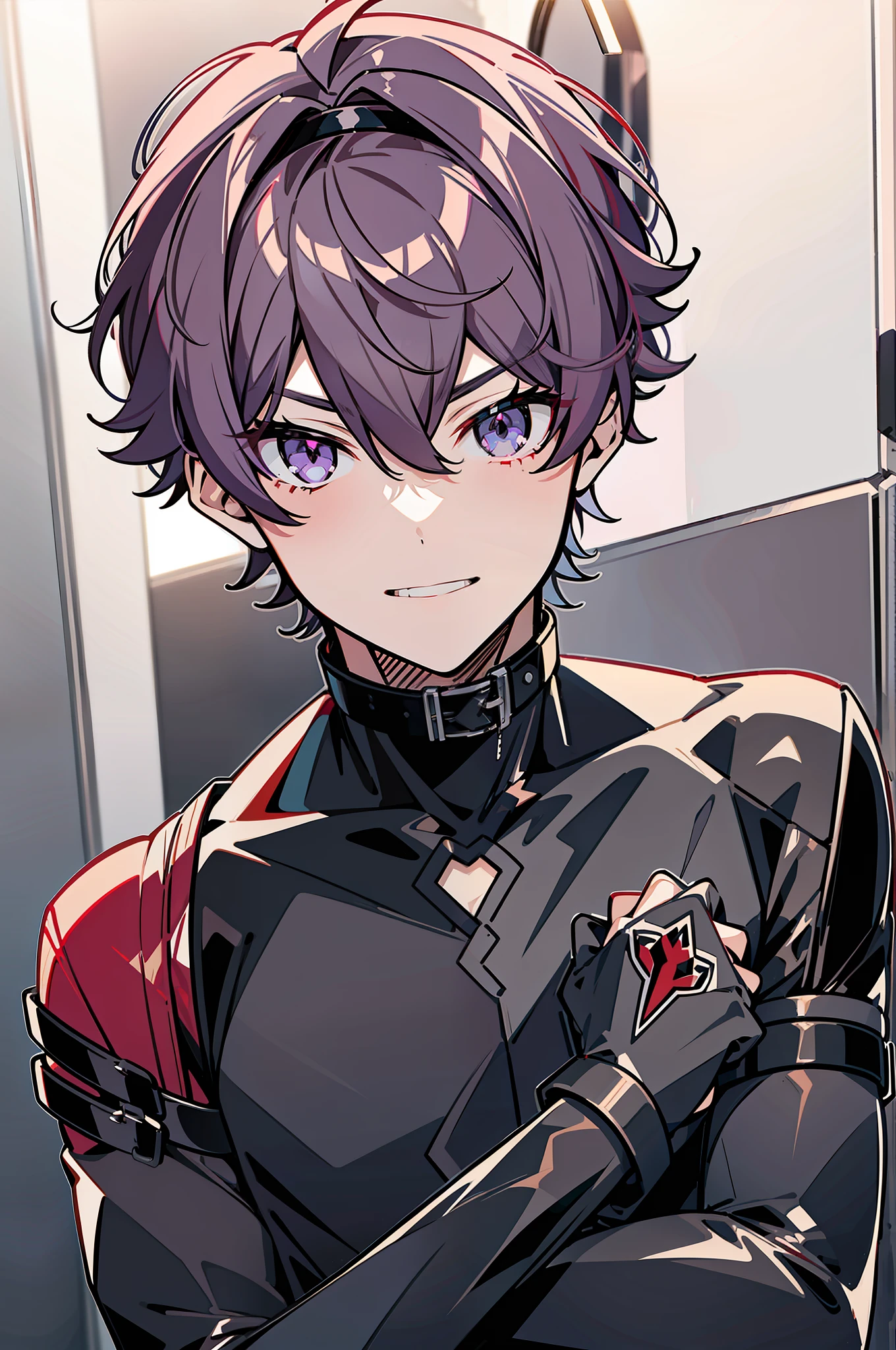 1boy,Libido boy,Red-black eyes,Fuchsia hair,unholy,black colored leggings,Purple stripes,musculature,sneering,The background is gray-black,Grey,The lighting is dim,Place your right hand in a fist on your left chest,With a collar around the neck,Libido boy,shoun,white color hair,A strand of red hair,Red-black eyes, purple-black tights,ssmile,musculature,There is a black collar around the neck,Protruding underparts,unholy,depraved,Purple-black leggings,The upper part of the body,Place your right hand in a fist in front of your left hand,white colors