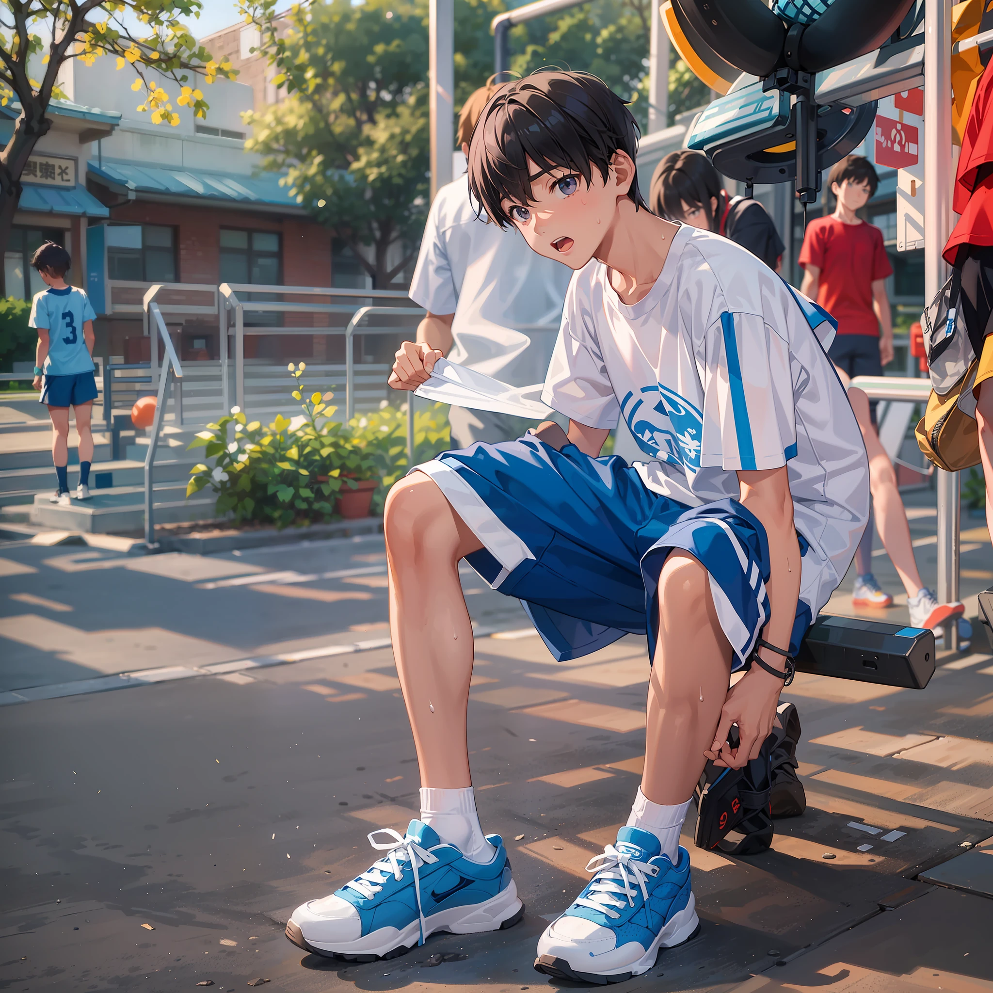 A 14-year-old junior high school boy stands on the playground,Bend over and bow your head,Shota,undershirt,sweat profusely,blue short pants,Messy bangs,Shota,athletic sneakers。and the sun was shining brightly,quadratic element,A high resolution,Best Masterpiece,Be red in the face,mid day