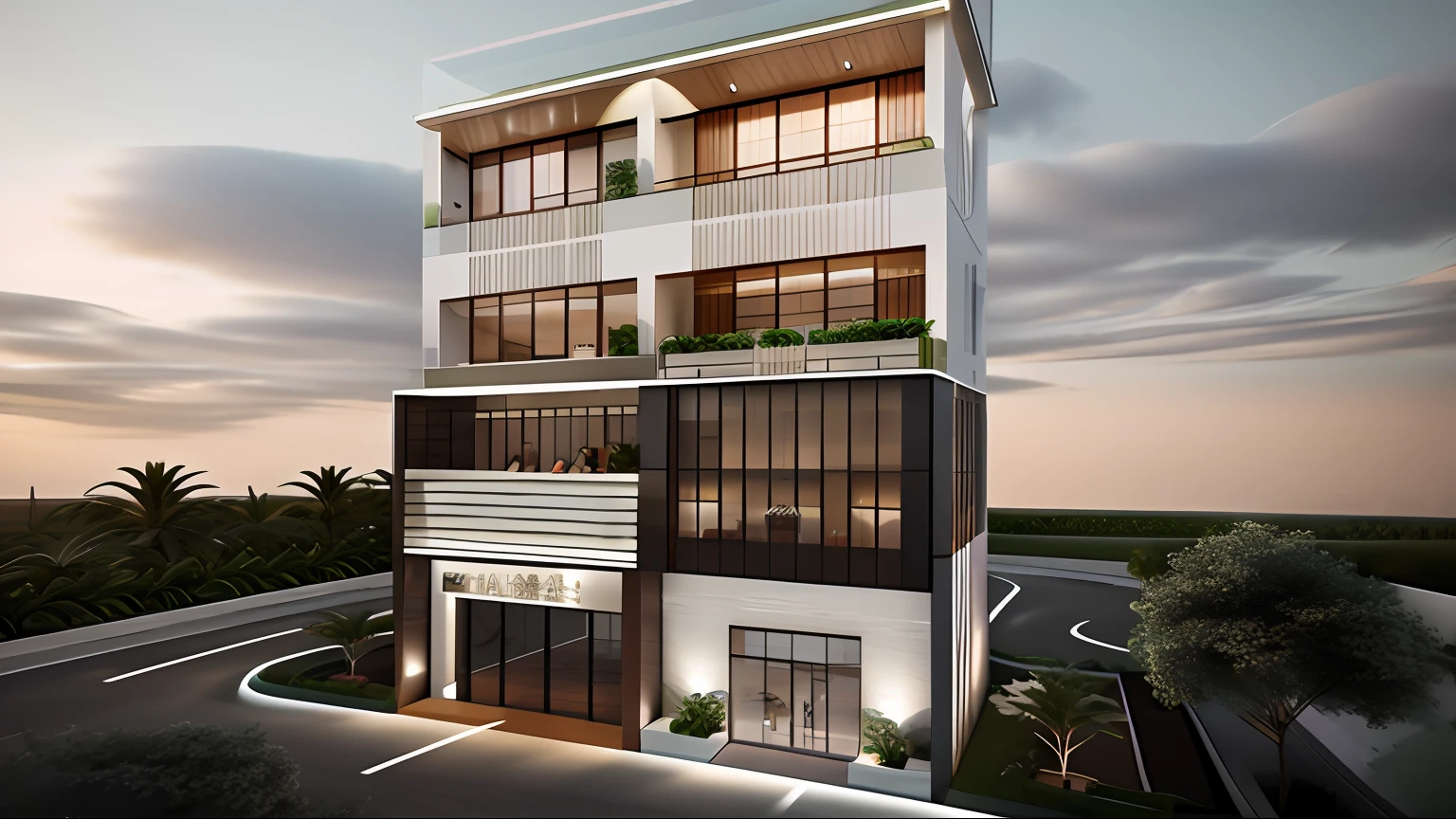 Rendering of a modern apartment building with a parking lot - SeaArt AI