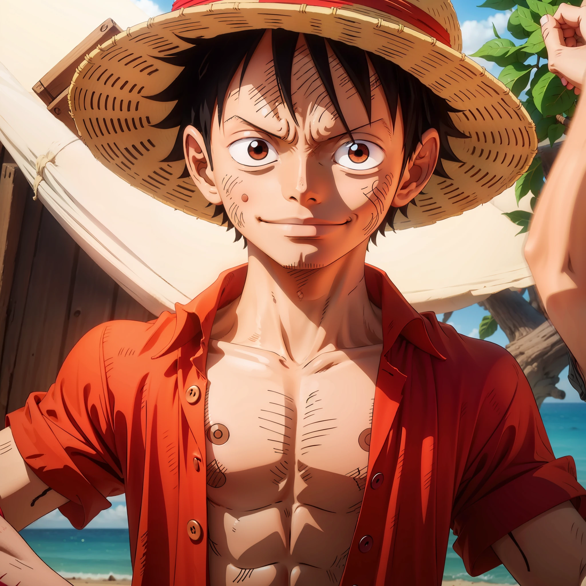 Monkey D Luffy, smirking at camera, straw hat covering eyes, facing camera