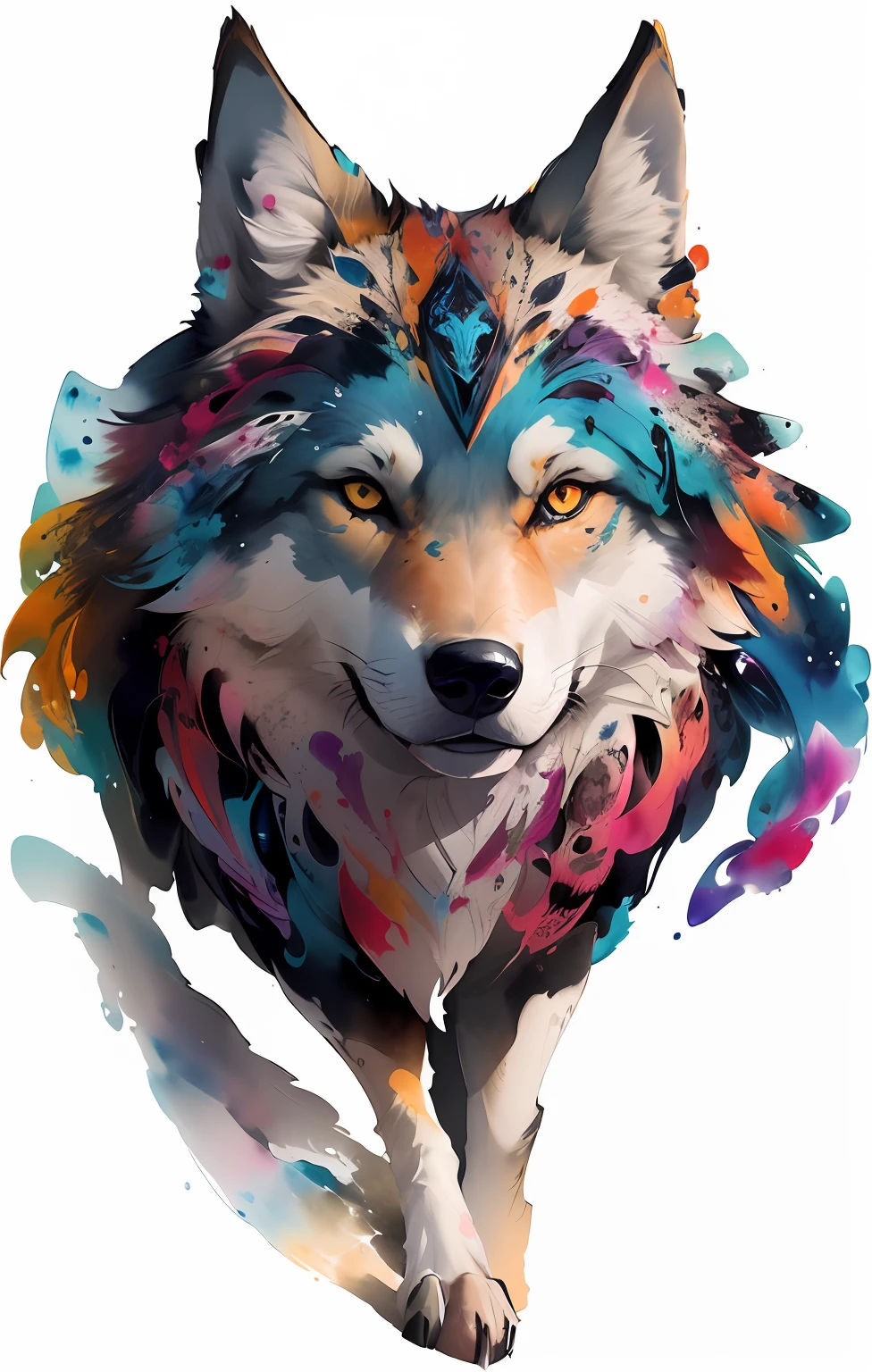 Draw a wolf with colorful ink on its face, archan nair, painted in bright water colors, animal drawing, vibrant watercolor painting, painting of cute dog, Stunning artwork, Surrealism with bright colors, plethora of colors，detail-rich, lovely digital painting, Amazing, digital art animal photo, colorful art, art of alessandro pautasso, watercolor detailed art