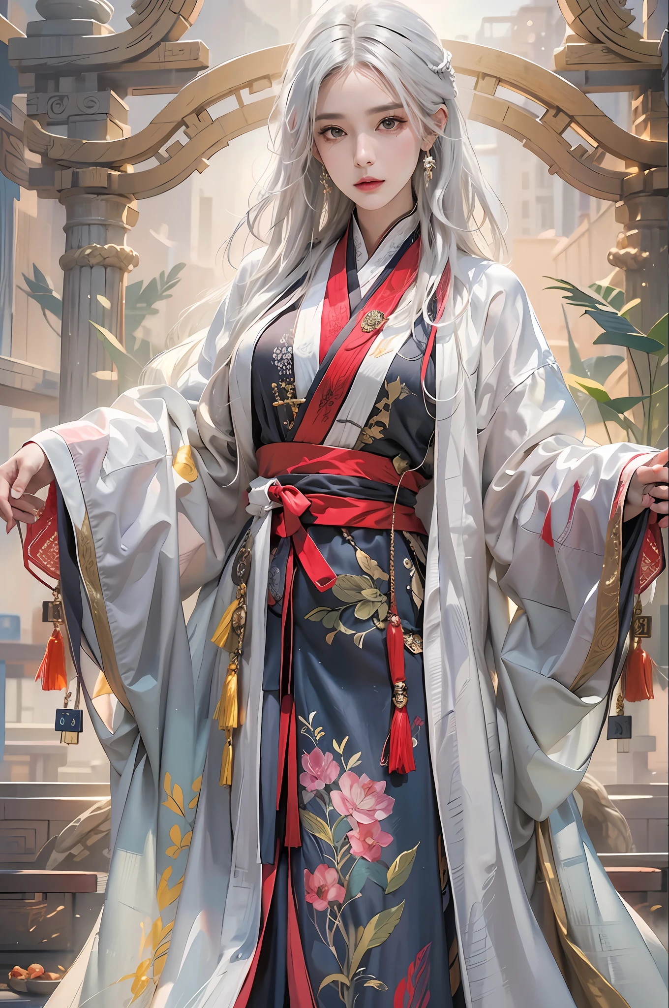 photorealistic, high resolution, 1women, solo, hips up, look at viewer, (detailed face), white hair, long hair, colorful Taoist robe,oversized clothes, midjourney portrait, jewelry