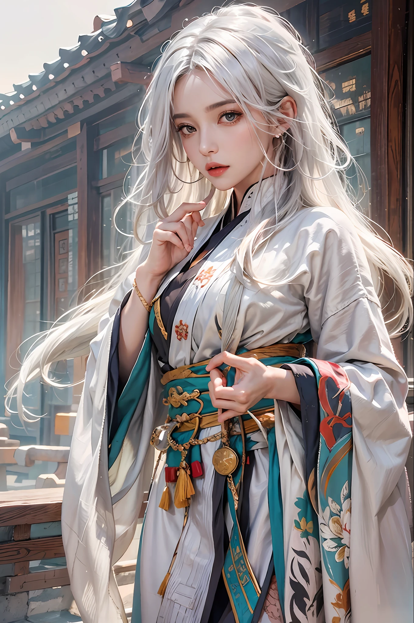 photorealistic, high resolution, 1women, solo, hips up, look at viewer, (detailed face), white hair, long hair, colorful Taoist robe,oversized clothes, midjourney portrait, jewelry