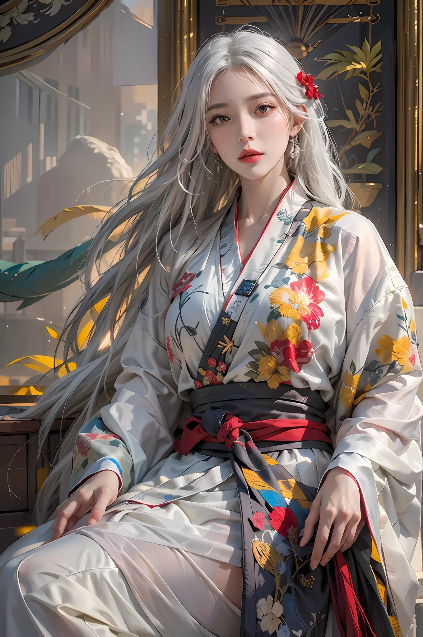 photorealistic, high resolution, 1women, solo, hips up, look at viewer, (detailed face), white hair, long hair, colorful Taoist robe,oversized clothes, midjourney portrait, jewelry