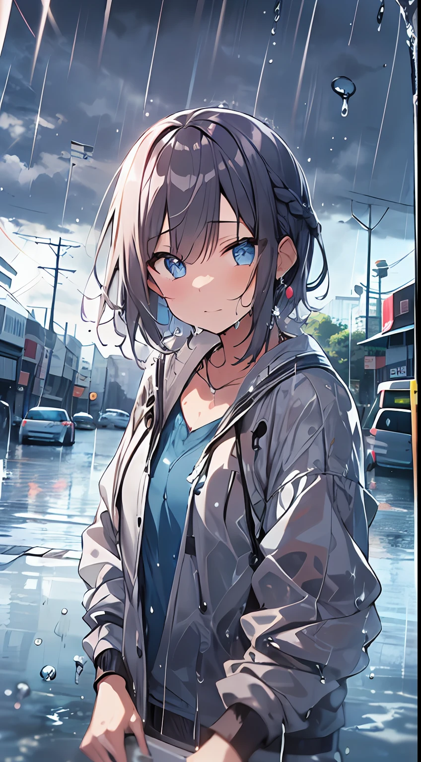 masutepiece, Best Quality,Illustration, Wallpaper, Ultra Detail, absurderes, 1girl in, Solo, (Medium short hair、short braided hair), Beautiful detailed eyes, rainfall、water dripping、wetting hair , Wet clothes, (Street:1.3), Cloudy sky、kirakira