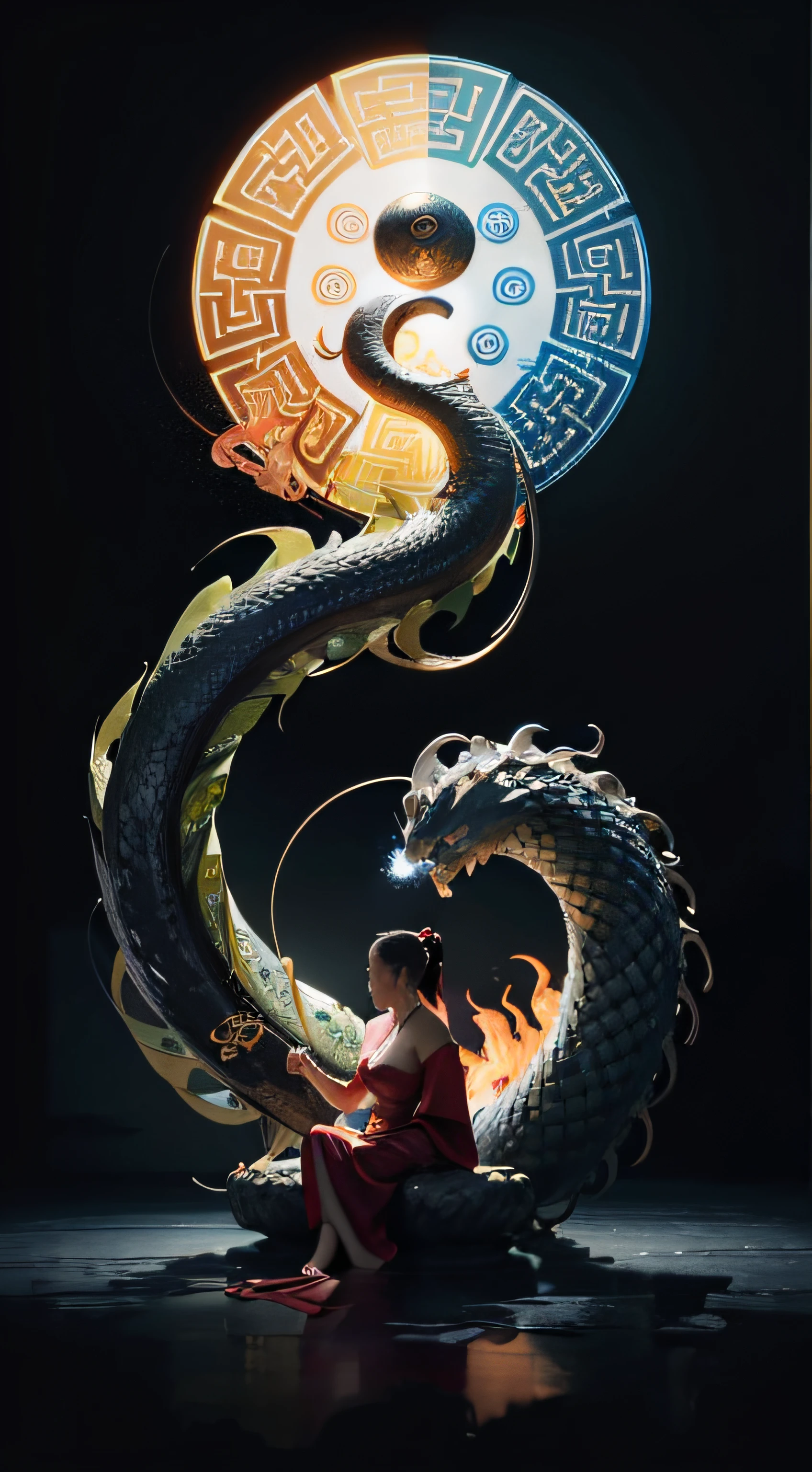 (harmony, balance, yin-yang), Chinese silk painting, Tai Chi principles, fluid motion, interconnected elements, the interplay of contrasting forces, Daoist philosophy, a touch of the I Ching, warm and cool color palette, reflective art, inspired by Laozi, Zhuangzi,  Yin Yang diagrams, Taijitu, the Bagua, the fusion of the spiritual and the physical,1girl,solo, grabbing breasts,, daoist, summon magic,  cinematic lighting,  fire and ice split, bagua background, circular bagua, yi yang, daoist practice, mediation sit, buddha sit,  spiral loong, cloud loong at the top,  8K