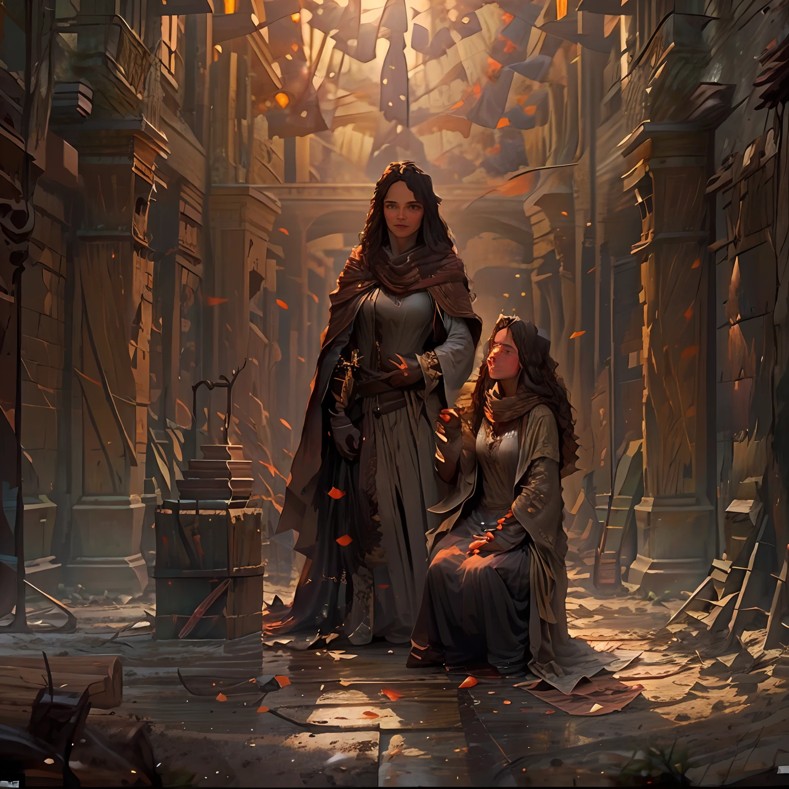 duo, Woman and man, Hi-Def, ultradetail, European facial features, realeme fentezi, Pattern, portraite of a, Girl 36 years old, dark brown long hair, dark eyes, Smiling, dressed in an old shabby cloak, Beautiful scarf, wrapped around her head, Clarity 8 cc.SM. SM, scenery: Huge throne room with large windows, A girl in an old cloak stands near the throne, In the foreground, The sword is stuck in the floor and in the hands of two precious stones, In the background near the throne is a man, Man Hugging Girl, light background, The sun illuminates the huge hall, The girl looks at the sword stuck in the floor