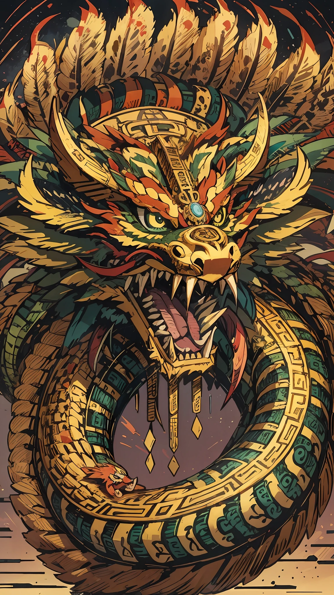 Masterpiece, best quality, {best quality}, {{masterpiece}}, {highres}, anime, attractive, exotic, Quetzalcoatl, Kukulkan, Serpent God, feathered serpent, flying plumes, plumage, Aztec, golden, gold, thunder, thunder, claws, sharp teeth, serious, destruction