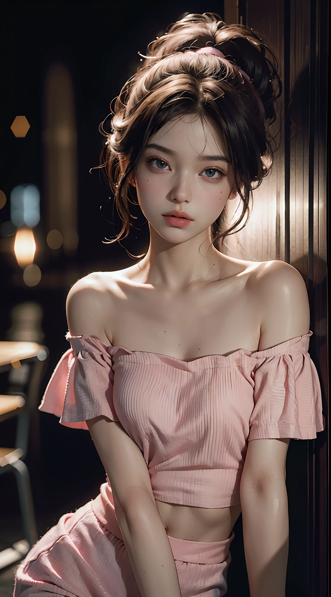 Best Quality, Masterpiece, Ultra High Resolution, (Realisticity: 1.4), Original Photo, 1girl, Pink Off-the-Shoulder, Cinematic Lighting