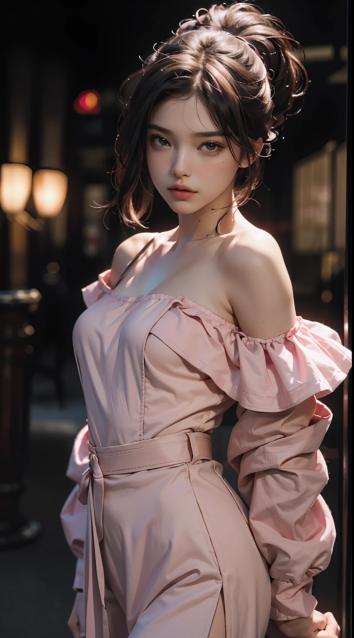 Best Quality, Masterpiece, Ultra High Resolution, (Realisticity: 1.4), Original Photo, 1girl, Pink Off-the-Shoulder, Cinematic Lighting