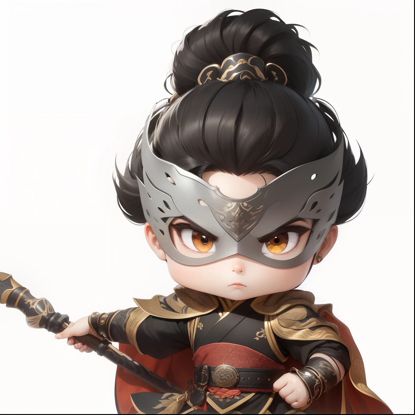 male people,Male characters,Chibi anime characters,Bad,Eight snake spears,Spear weapons,Flowing hem,China-style,Chinese-style clothing,Chinese shoes,There are beautiful patterns on the weapon grips,Refinement,Fine painting,Refinement,infinite details,high definition detail,Delicate belt,Belt accessories,Male characters,Blindfolds,Black color hair,Patterned,Pattern,Blank background,Bright colors,Metal edging
