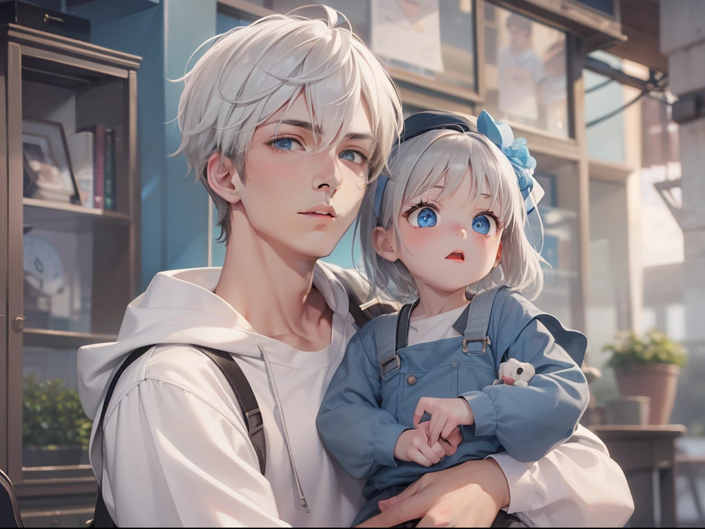 Generate a photo,Best quality, tmasterpiece, A boy holds a little girl in his arms, And the boy was 18 years old,Tall, Short gray hair and blue eyes, Express concern, The girl is short in stature, Short white hair, Blue eyes, Expression of grievance