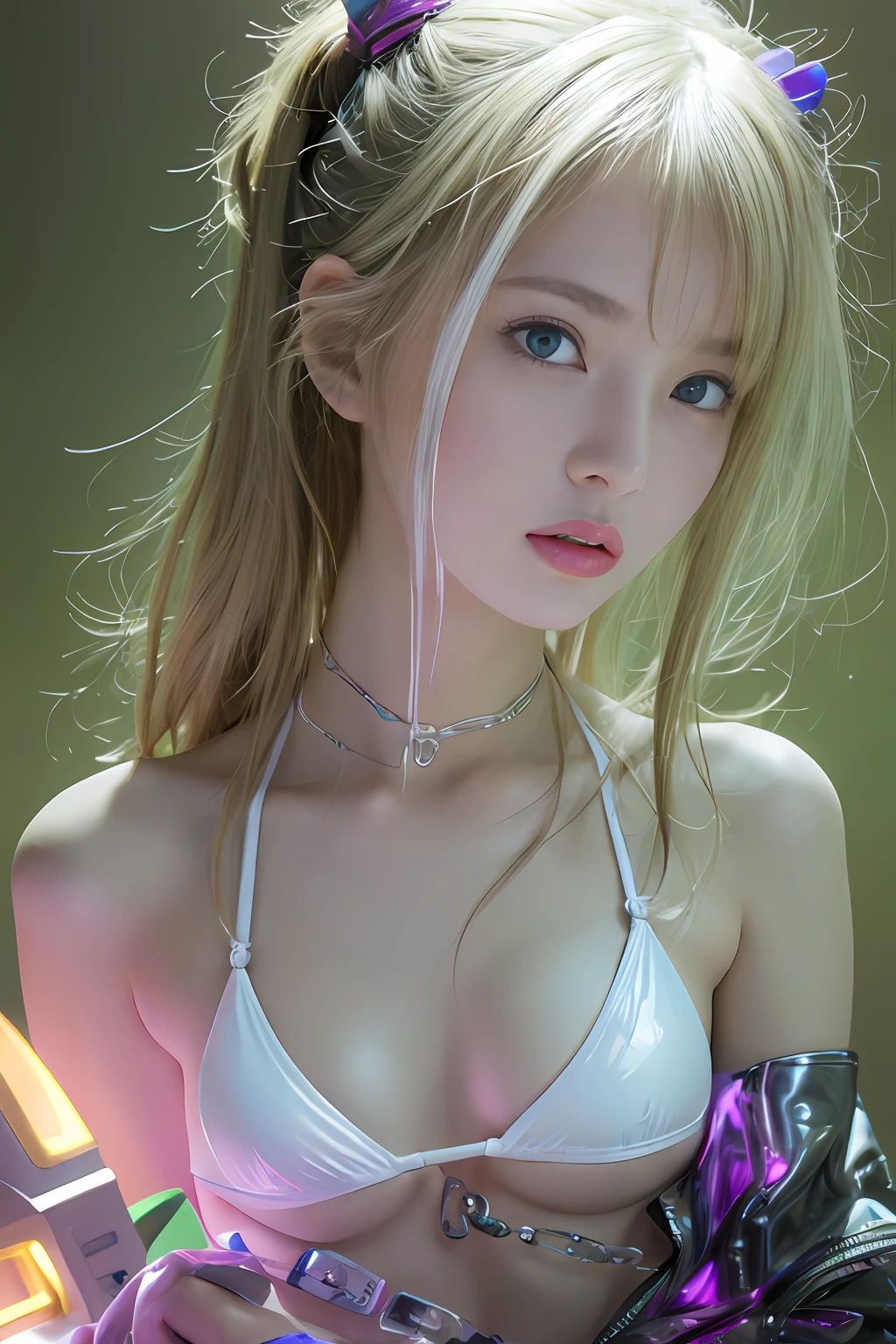 top-quality、masterpiece、超A high resolution、(Photorealsitic:1.4)、Raw photo、(Girl Detained by Mechanical Device)、13years、japanes、Anxious expression、glowy skin、((super realistic details))、portlate、globalillumination、Shadow、octan render、8K、ultrasharp、Colossal tits、cleavage of the breast、(Underbust of exposed raw skin:1.4)、(White thin latex ultra mini micro bikini without strings:1.4)、Upper Arm Chain、high intricate detailed、Realistic light、CGSoation Trends、a purple eye、radiant eyes、Don't look at the camera、neon details、sitting on、Futuristic hair ornament、Gundam、Small LED lamp、Purple neon lighting、Green neon lighting、