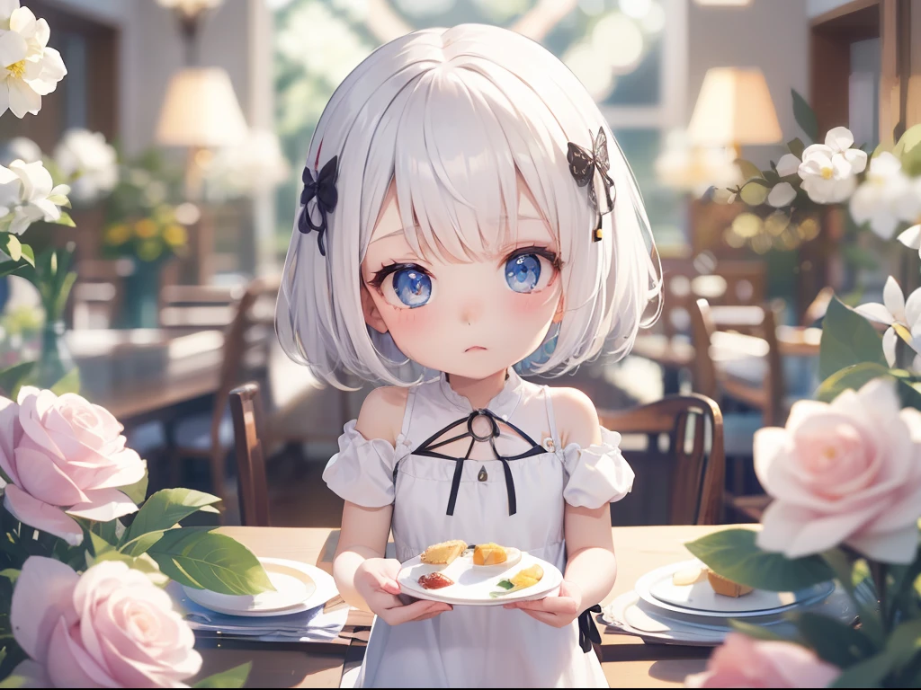 Best quality, tmasterpiece, 5 years old girl, Short white hair, eBlue eyes, Banquet hall, Expression of grievance, Wear a floral dress, Show your upper body, The shadow is long