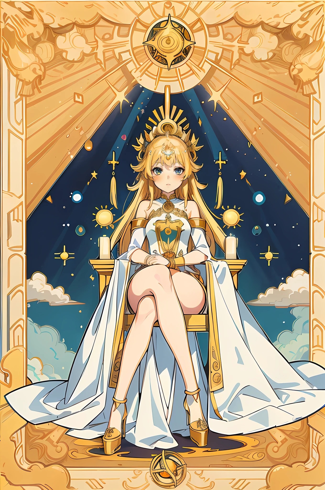 Masterpiece, Best quality, style de carte de tarot, Centered, in frame, Big Sun, stone pillar,1girll, Solo, censorship, view the viewer, Sun, Bright, plain view, sitting on golden throne, 对称, Beautiful eyes, day, in a spring, Sun, sky, Background, full bodyesbian, High heel