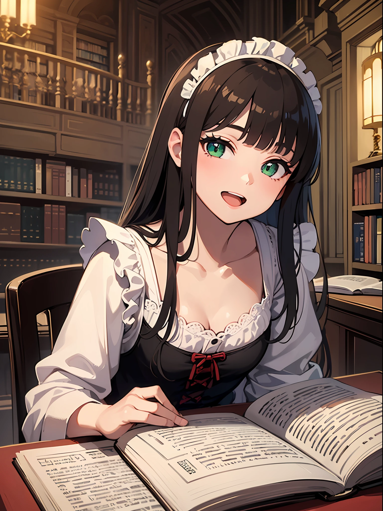 (masterpiece:1.3), (best quality:1.3), high resolution, 


upper body, 
leaning forward, body facing forward, reading a book, 

(one cute girl:1.3), solo, 
white skin, small Breast, eight-headed person, 
light brown hair, long hair, straight hair, (blunt bangs:1.2), beautiful hair, green eyes, drooping eyes, beautiful detailed eyes, 

open mouth, cheerful smile, 

maid, 

indoors, inside the castle, luxury rooms, library, 

shadowlighting,