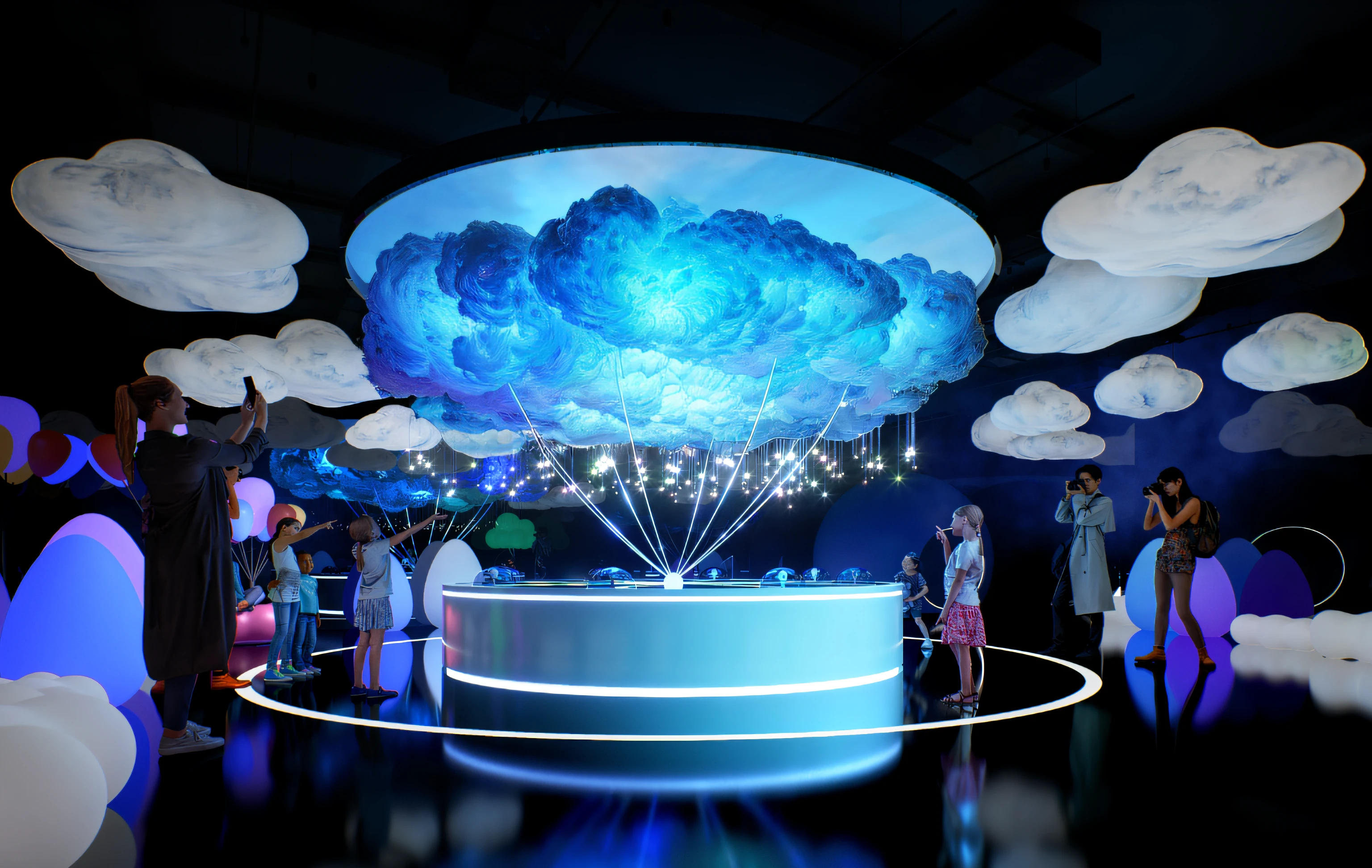 People stand around monitors with cloud-shaped displays, virtual metaverse room, emitting spore clouds, in style of photogrammetry cloud, cafe in the clouds, metaverse concept art, ethereal hologram center, teamlab, exhibit, floating lands in-clouds, Glowing clouds, interactive art, futuristic scientific laboratory, cloud vortex, conceptual rendering