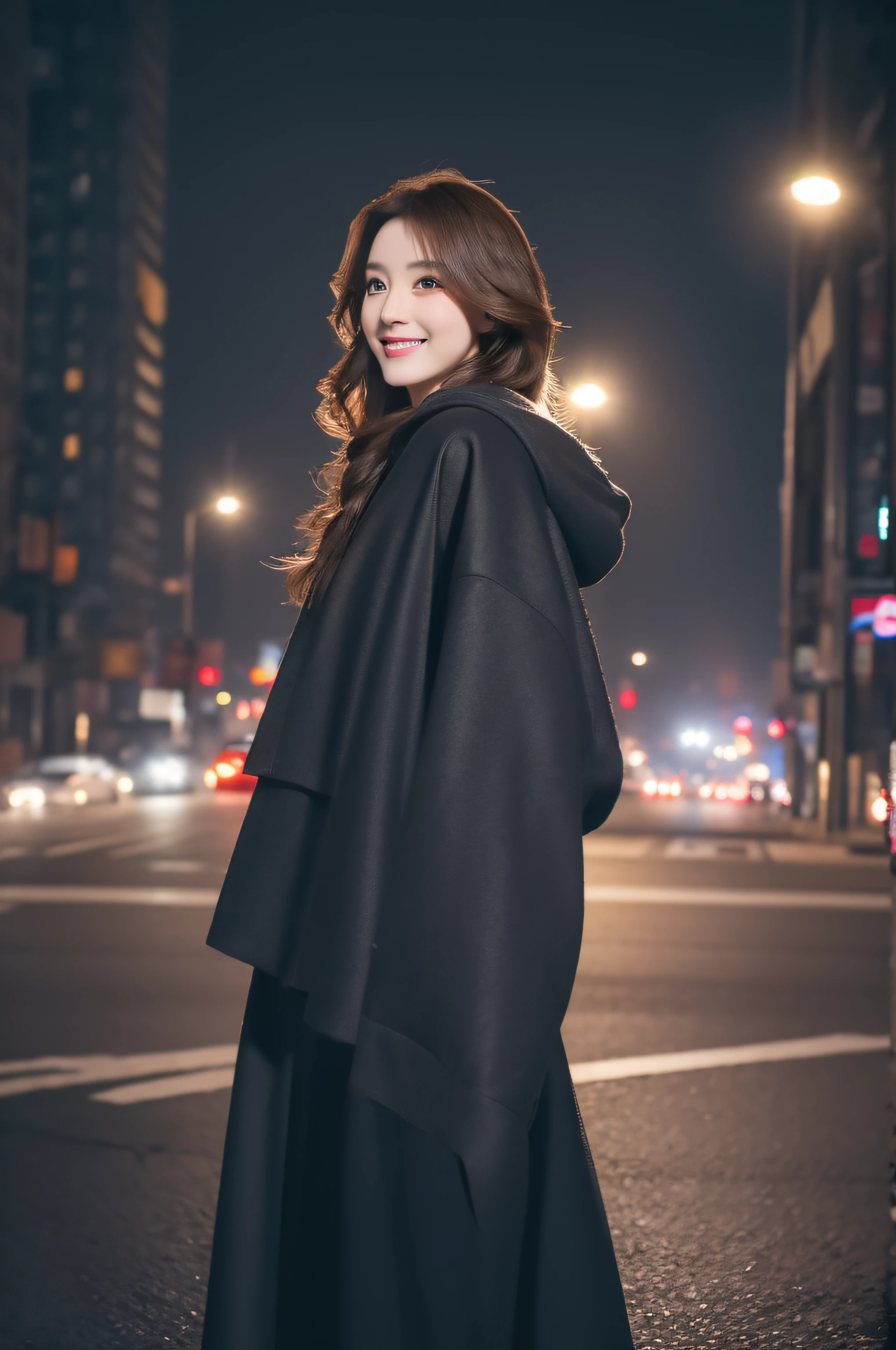 ((8K resolution)), ((Masterpiece)), Dynamic posture, Cyberpunk, Solo, Kizi, Actress,International fashion,aqua eyes, lipstick, Light smile, Long hair, Brown hair, Wavy hair, hooded cloaks, Pleated skirt, view the viewer, (Snow), Street night view, vapour, rim-light, Cinematic lighting