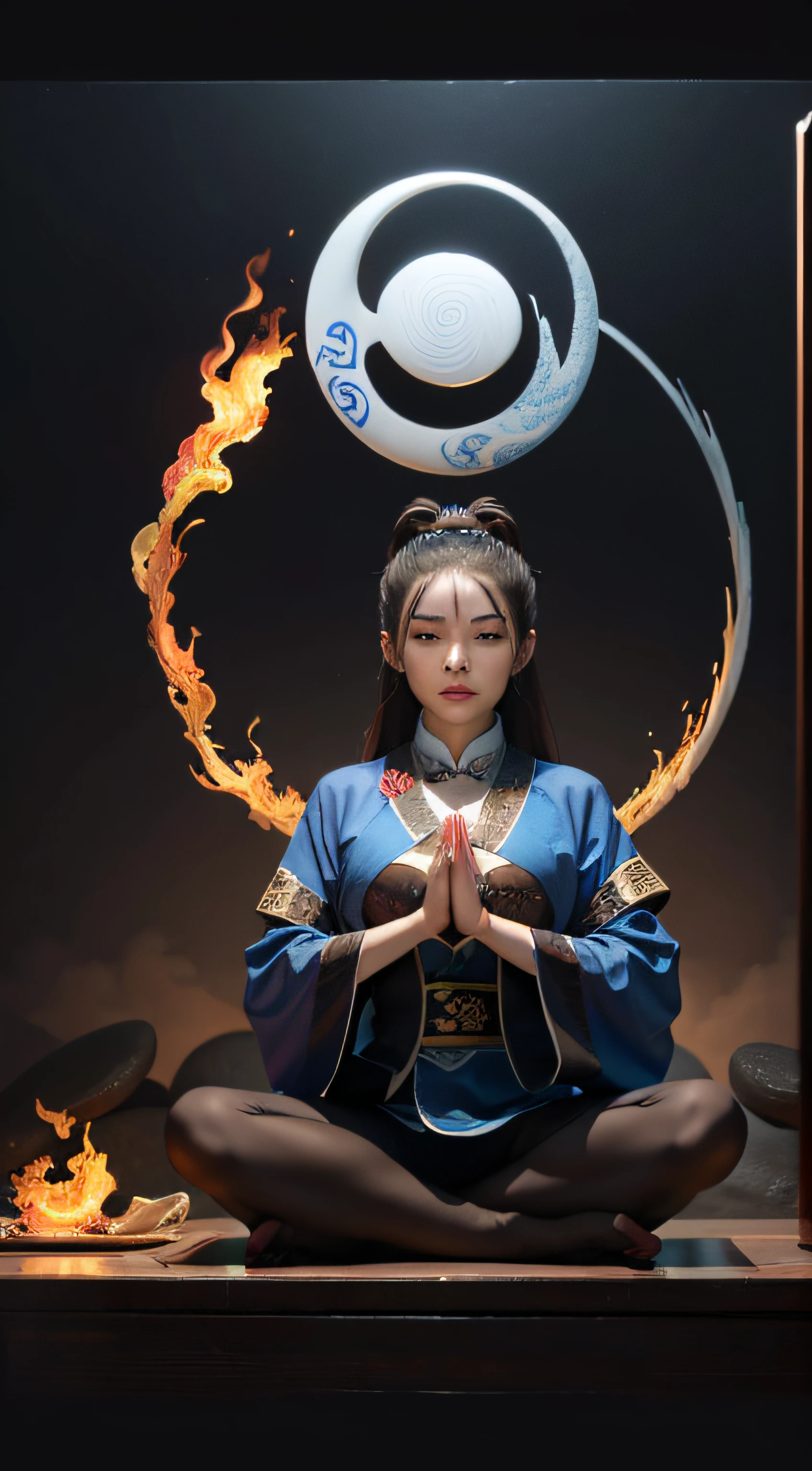 (harmony, balance, yin-yang), Chinese silk painting, Tai Chi principles, fluid motion, interconnected elements, the interplay of contrasting forces, Daoist philosophy, a touch of the I Ching, warm and cool color palette, reflective art, inspired by Laozi, Zhuangzi,  Yin Yang diagrams, Taijitu, the Bagua, the fusion of the spiritual and the physical,1girl,solo, grabbing breasts,, daoist, summon magic,  cinematic lighting,  fire and ice split, bagua background, circular bagua, yi yang, daoist practice, mediation sit, buddha sit,  spiral loong, cloud loong at the top,  8K