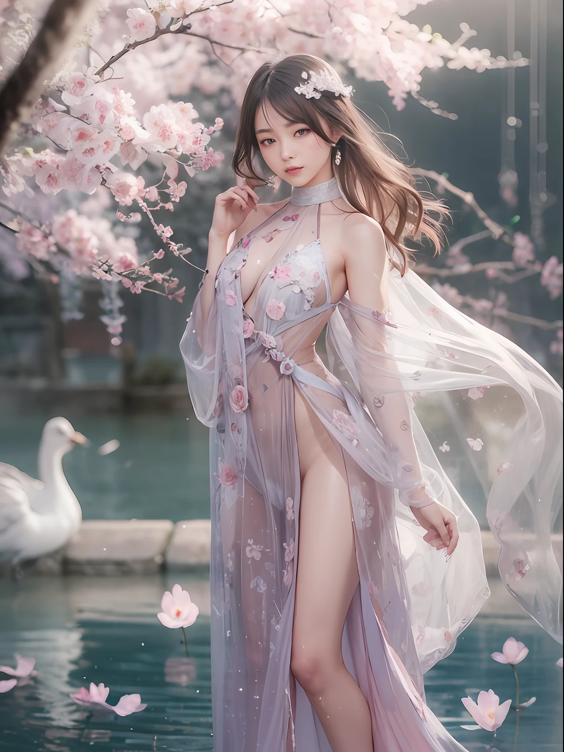 loose outfit、Show shoulders、How to wear a gown with a broken see-through halter neck、Decorated with intricate patterns and pastel colors、Transparent material that makes the skin shine、Artistic depiction of seductive woman in gown with wet thin cloth and transparent skin, Floral and fantastic pattern with flowing silky traditional see-through skin。Her dress draped elegantly around her curvaceous figure、Emphasizes her charming silhouette。She's a gentle fireworks night、Dynamic Posing、 Posing、bathed in the soft glow of moonlight。The scene is、With a hint of mystery and sensuality、It exudes an ethereal dreamy atmosphere。The image style is、Incorporates a blend of watercolor and digital illustration techniques.、It makes you feel delicate beauty and charm。Soft moonlit lighting、Cast gentle highlights and shadows on her mesmerizing features。Dynamic Posing、Bold poses、The hand is somewhere、see -through、show through、A sexy hair、Wet、cherry trees、flower petals、cherryblossom、The cherry tree、Sakura blizzard、buried、Transparent skin、Wet clothes、Chest Pulling、Translucent clothes、On the water、