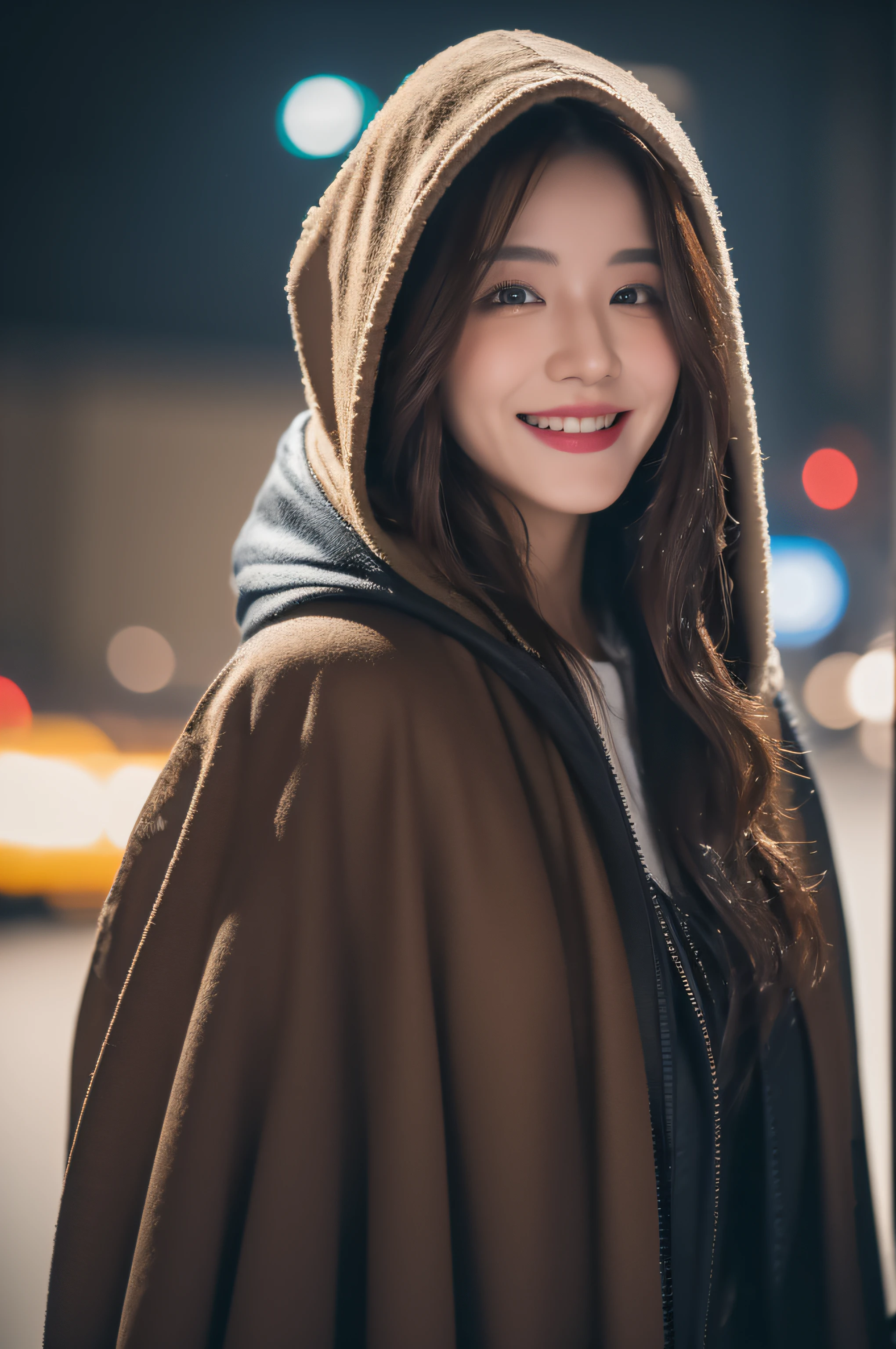 ((8K resolution)), ((Masterpiece)), closeup portrait, Cyberpunk, Solo, Kizi, Actress,International fashion，aqua eyes, lipstick, Light smile, Long hair, Brown hair, Wavy hair, hooded cloaks, Pleated skirt, view the viewer, (Snow), Street night view, vapour, rim-light, Cinematic lighting