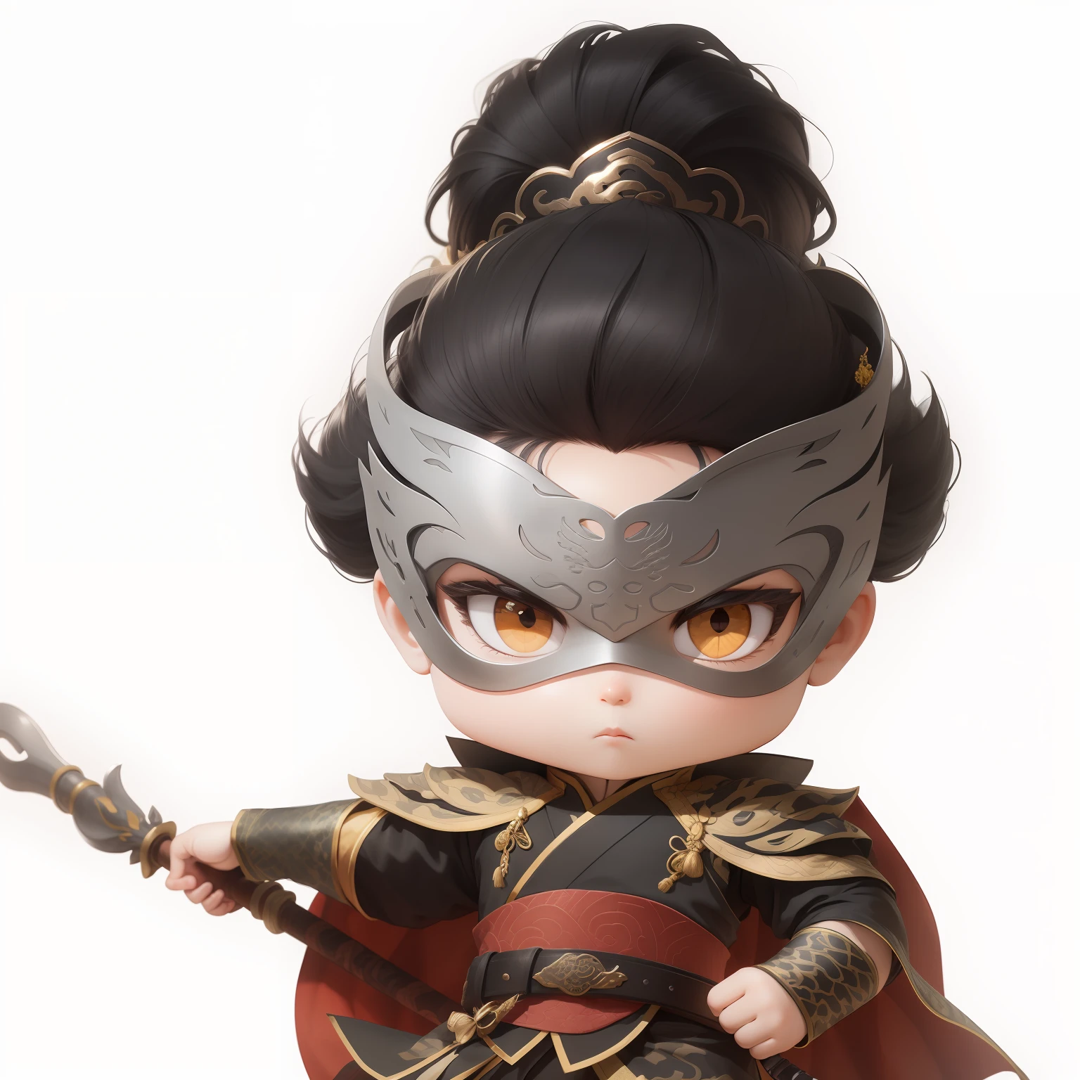 male people,Male characters,Chibi anime characters,Bad,Eight snake spears,Spear weapons,Flowing hem,China-style,Chinese-style clothing,Chinese shoes,There are beautiful patterns on the weapon grips,Refinement,Fine painting,Refinement,infinite details,high definition detail,Delicate belt,Belt accessories,Male characters,Blindfolds,Black color hair,Patterned,Pattern,Blank background,Bright colors,Metal edging