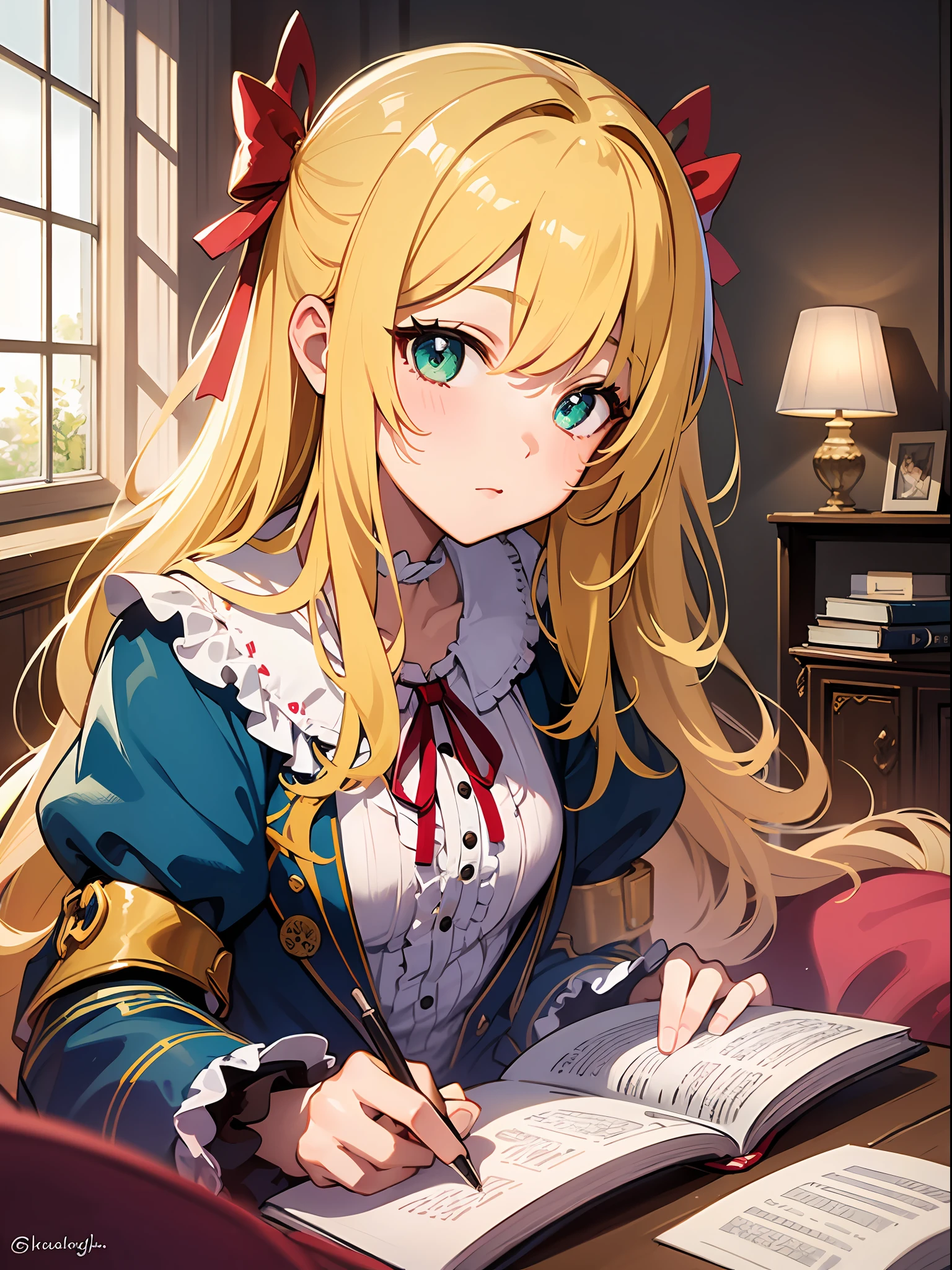 (masterpiece:1.3), (best quality:1.3), high resolution,
upper body,
leaning forward, body facing forward, reading a book,
(one cute girl:1.3), solo,
white skin, small Breast, eight-headed person,
light yellow hair, long hair, red ribbon, fluffy hair, beautiful hair, green eyes, beautiful detailed eyes,
sleeping face,
frilled dress, pink dresses,
indoors, inside the castle, luxury rooms,
shadowlighting,