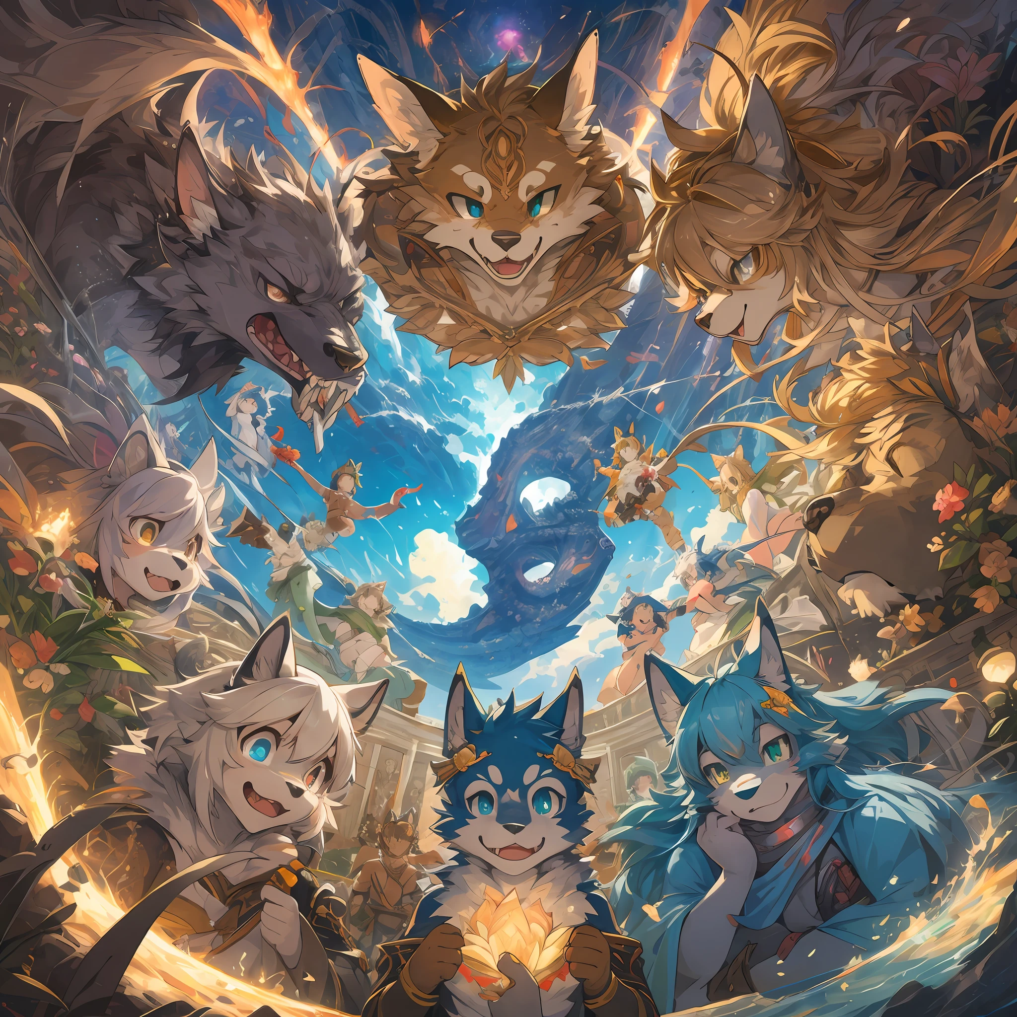 dynamic angle, top quality, best quality, High-quality illustrations, masterpiece, super high resolution, detailed background, detailed background, mythical world depicted by Michelangelo, group shot:0.1, 6+boys, 6+girls, Happy, joyful, absurdres(highly detailed beautiful face and eyes)perfect anatomy, expression, good lighting, cinematic shadow(kemono, furry anthro),