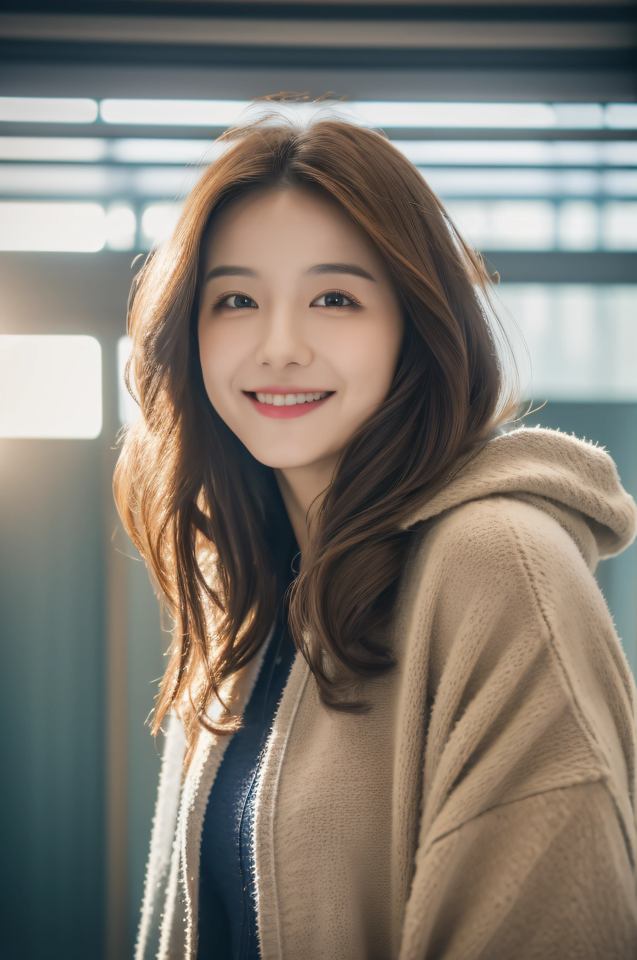((8K resolution)), ((Masterpiece)), closeup portrait, Cyberpunk, Solo, Kizi, Actress, aqua eyes, lipstick, Light smile, Long hair, Brown hair, Wavy hair, Sweater, hooded cloaks, Pleated skirt, view the viewer, snowflower, Train station, vapour, rim-light, Cinematic lighting