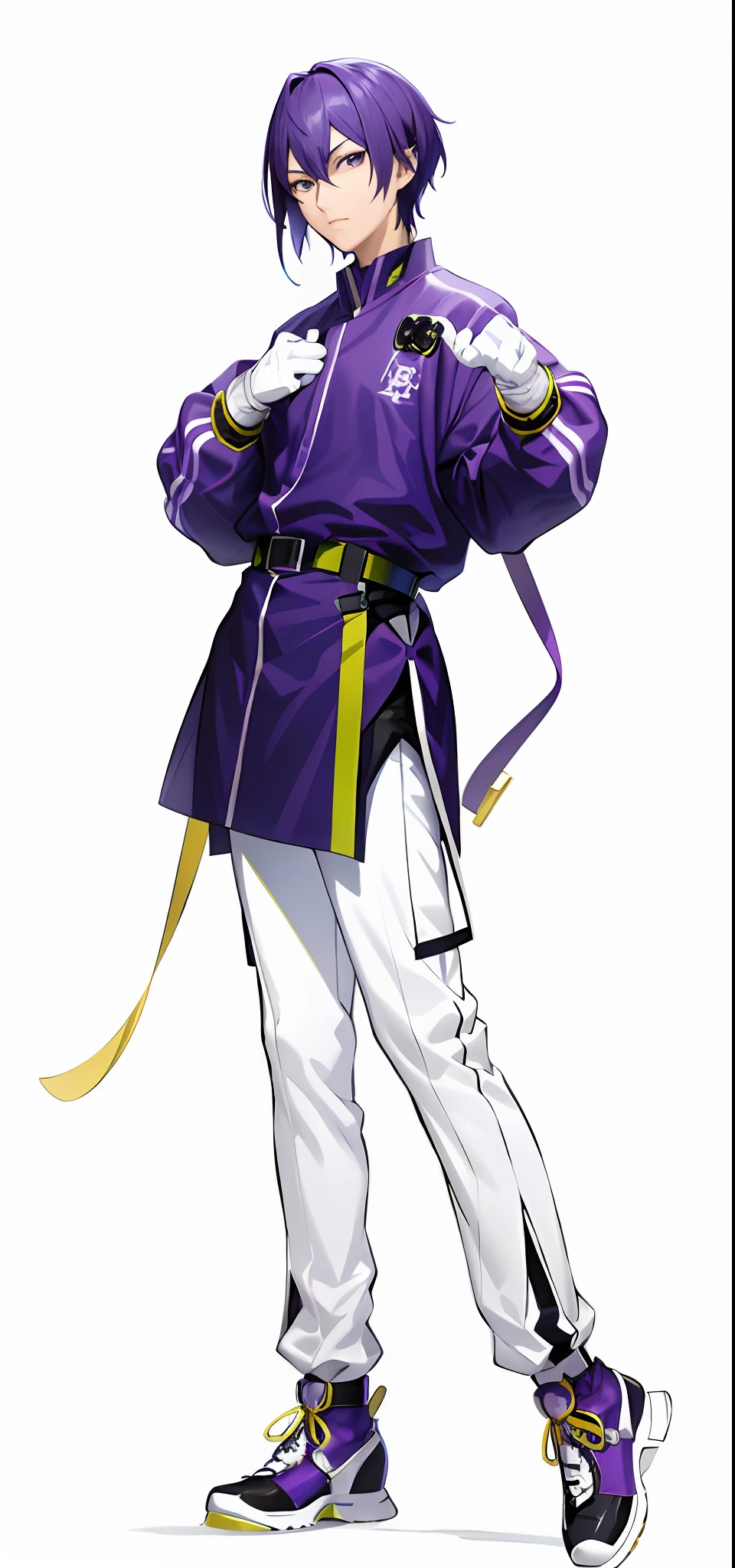 Anime characters dressed in purple and white and wearing a purple belt, 《king of fighter》role, fighting game character, shigenori soejima illustration, official character art, Aesthetic style, Full body standing painting，Handsome male