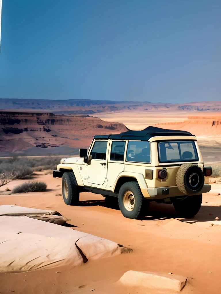 Jeep Cherokee, tmasterpiece, best qualtiy, ultra - detailed, exteriors, (natta), mont, naturey, (As estrelas, themoon), backpacks, sleeping bag, Camping stove, water bottel, flashlights, Beautiful driver,A desert,Gobi, smog, shadowing, to contrast, sunny clear sky, analogue style (filmgrain:1.3), (a warm color palette, a warm color palette:1.2), closeup cleavage, cinematric light, Sideslit, 超高分辨率, Best shadow, primitive