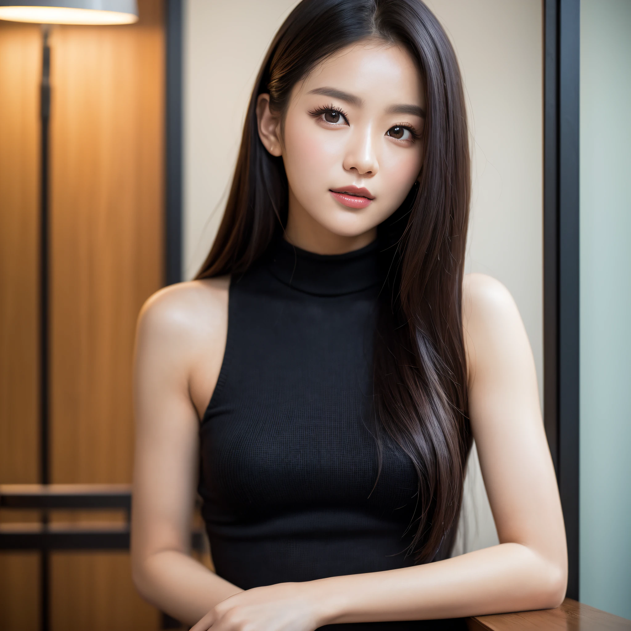 ((best qualtiy、8k masterpieces:1.3))、foco nítido:1.2、(ultra beautiful faces:1.0)、(shinny skin:1.0)、photos realistic、A dark-haired、Video Lighting、High-definition eyes and face、Video Lighting、(Korean Cute Actress)、from the front side、medium large breasts、ssmile、Sleeveless、Slender Abs Beauty、Wearing a tar neck knit