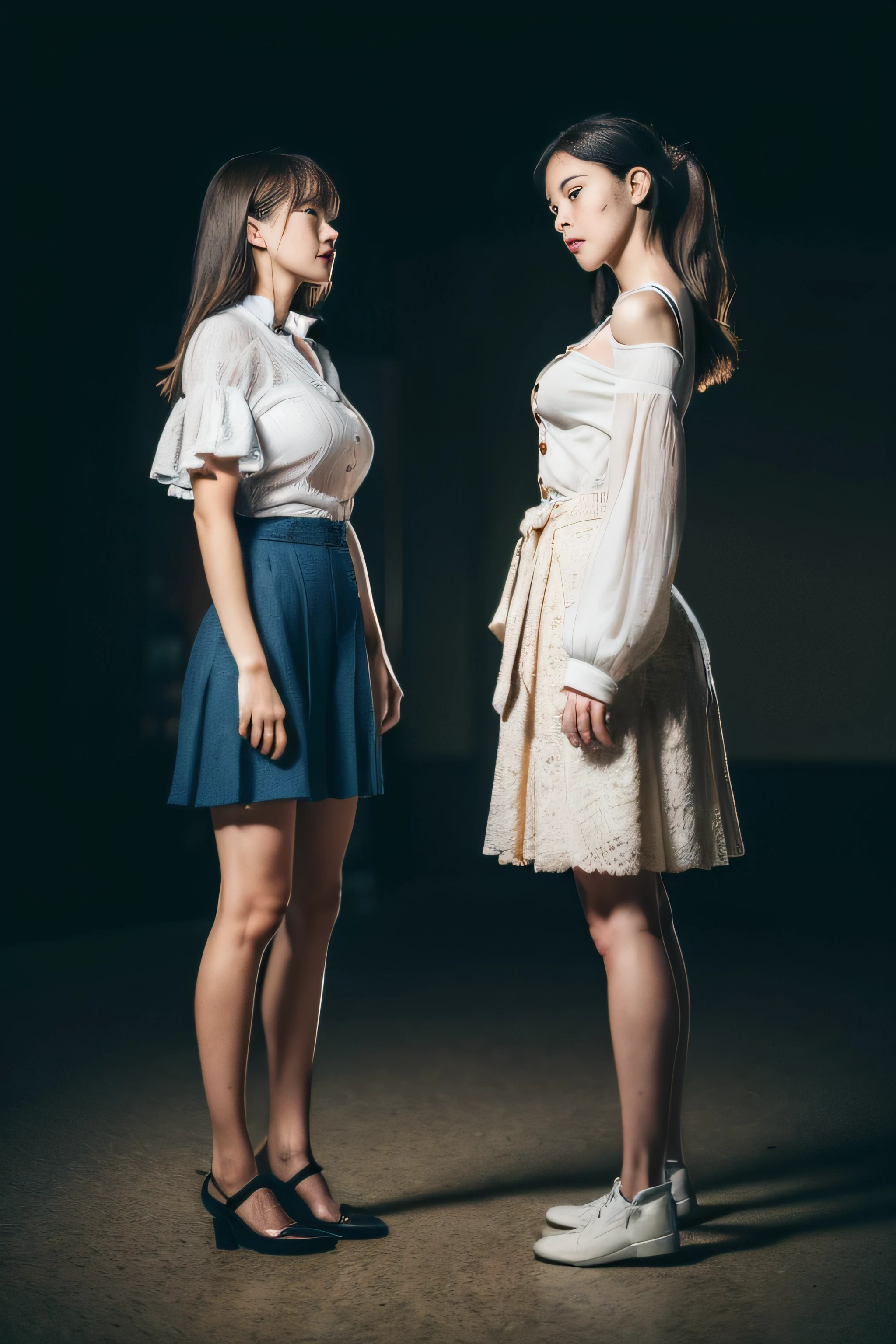 (Extremely high quality), (Master parts), (photo RAW), Herren, is very beautiful, highly detailed CG, 8k wallpaper, amazing fine details, offcial art, hugefilesize, high resolution, darkly, ambiance, mistic, romanticism lain, horrid, literature, Artistically, Moda, ellegance, (((perfect anatomical depiction of the human body))), Two junior high school girls alternately stand up straight, One is forward-facing, The other person next to him was looking at the other person intently,Only his neck turned to the side, a 18 year old girl, One with blonde blue eyes and partially woven long hair,
One is a Japanese brunette with two tails, Perfect and Beautiful Face, (Open your breasts), (Lagos drill bits), ((Super big)), (big breasts thin waist), (Oversized buttocks), (thighs thin), (Brightens skin), Baby face, (White color blouse,Thin plain fabric,With straps), ((blouse breasts are very cramped)), (Ultra-mini pleated skirt), (White underwear), ( clothes missing), (All buttons are fastened,Dress neatly), Shoot from a variety of angles, midynight, dark underground chamber, No windows, Dust dance, ((Too dark)), (Too dark to be almost invisible), Blue dim backlight, New Gentie, Low-exposure photography, with black background