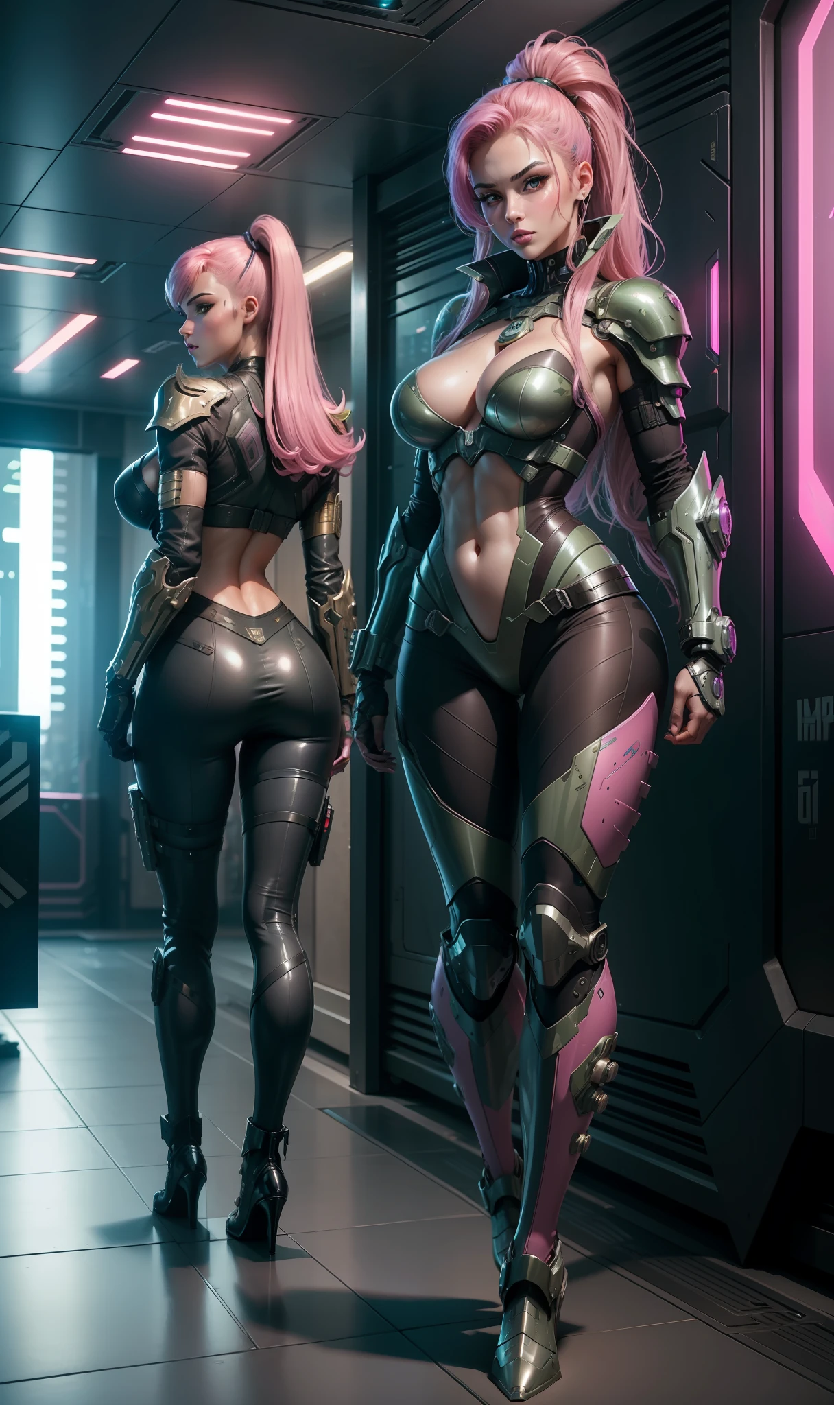 high - tech,sci-fy,Beautuful Women,scantily clad,Bigchest,Abs,Mermaid line,Full body like,battle armor,laser guns,cyberpunk backgrouns,karo,miltary,Pink lingerie,stocklings,tactical clothes,camouflage uniform