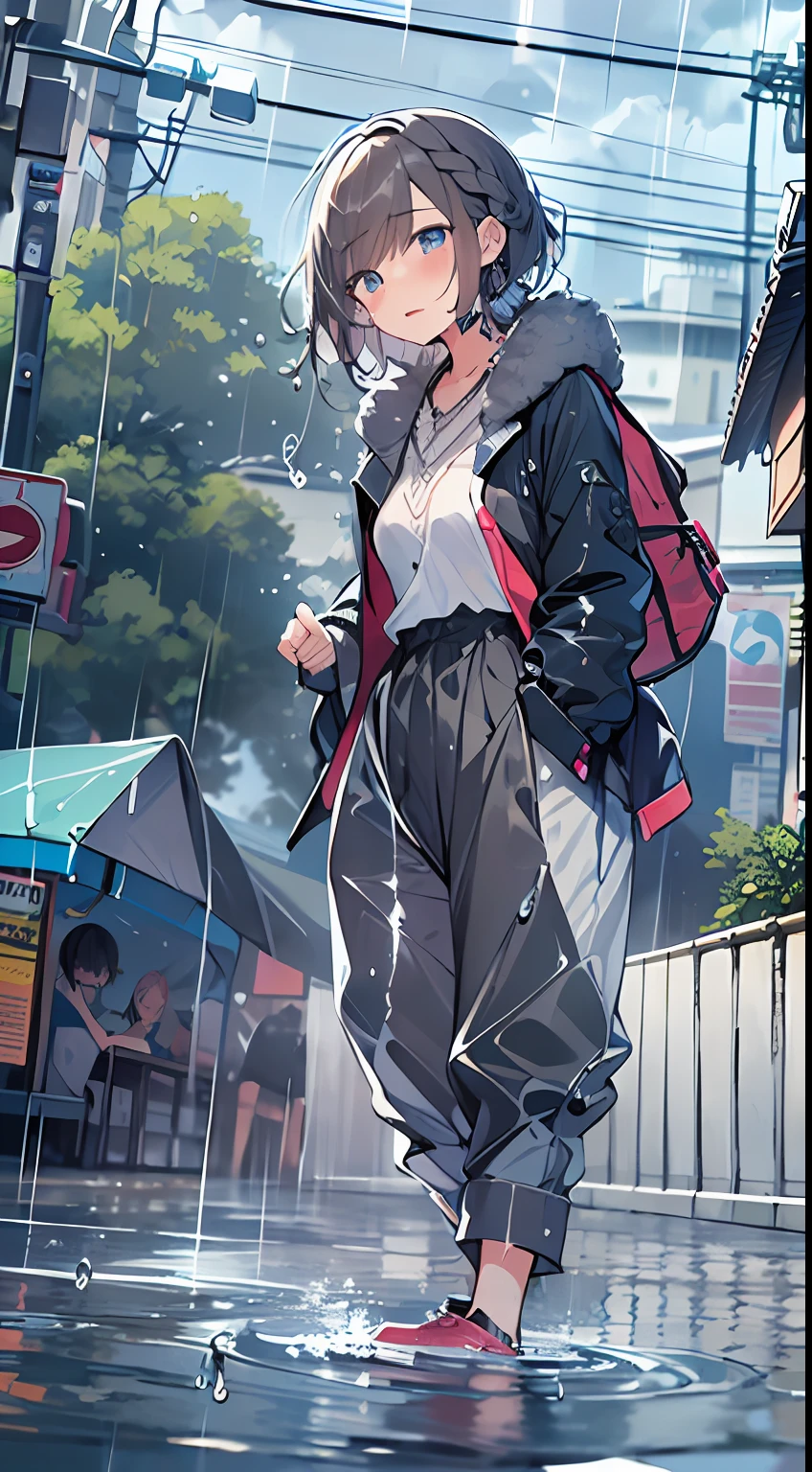masutepiece, Best Quality,Illustration, Wallpaper, Ultra Detail, absurderes, 1girl in, Solo, (Medium short hair、short braided hair), Beautiful detailed eyes, rainfall、water dripping、wetting hair , Wet clothes, (Street:1.3), Cloudy sky、kirakira