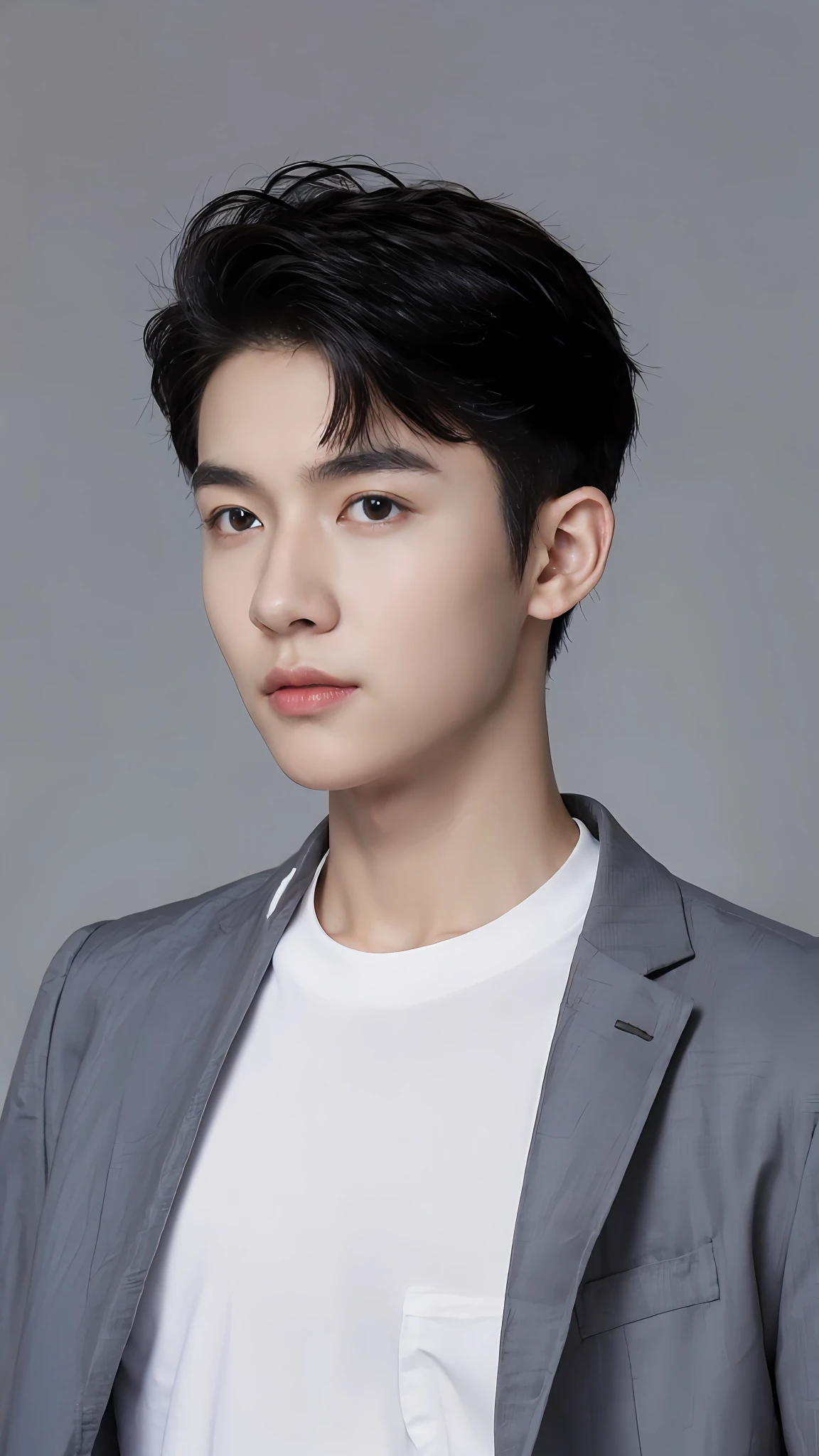 Atmospheric Boy，In one pocket is a school bag, gray clothes, textured skin, looking at camera busts, photos, realistic photos of black hair, high-quality picture effects